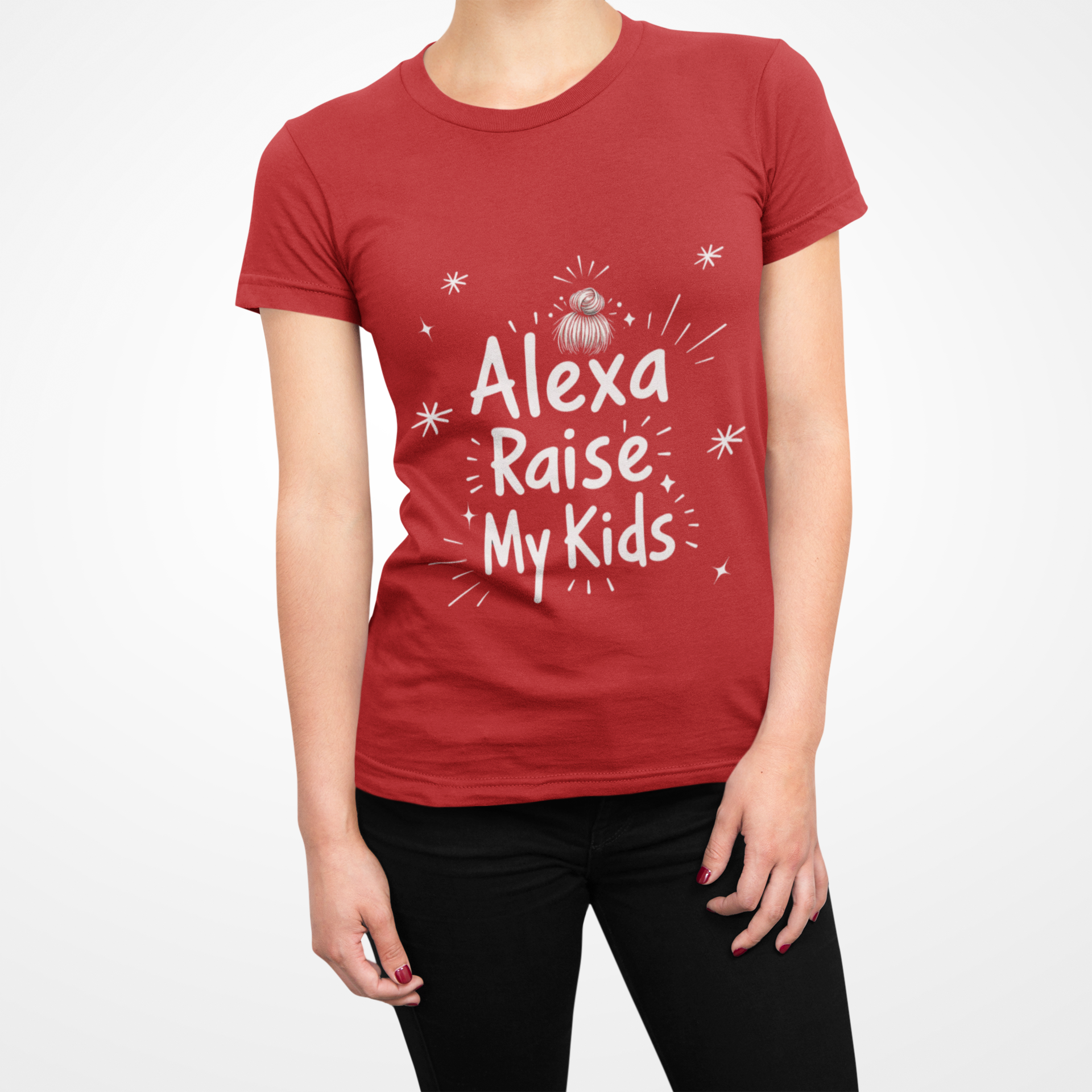 Funny Mom V-Neck T-Shirt – “Alexa, Raise My Kids” Shirt – Sarcastic Unisex Jersey Tee – Mother’s Day Humor Gift – Relatable Shirt for Busy Moms – Comfortable Everyday Fit