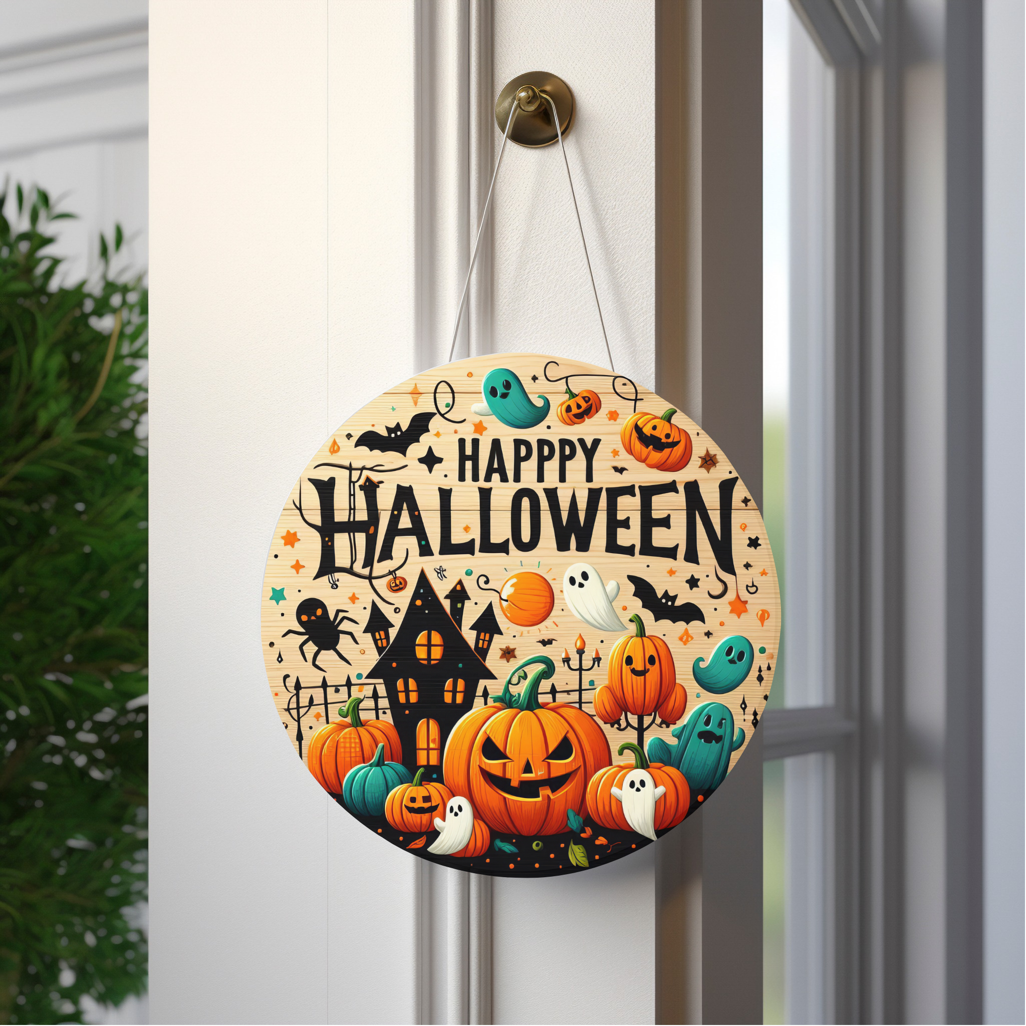 Happy Halloween Wood Door Sign | Rustic Boho Halloween Decor | UV Printed Birch Wood Sign | 10x10 or 12x12 | Halloween Party Wall Sign