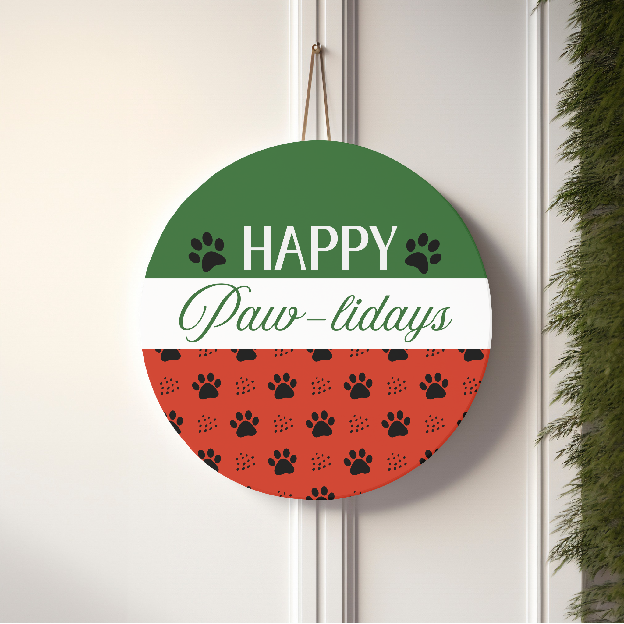 Happy Pawlidays Wood Door Sign | Rustic Pet Christmas Decor | Boho Dog &amp; Cat Holiday Sign | UV Printed Birch Wood | 8x8, 10x10, 12x12 product thumbnail image
