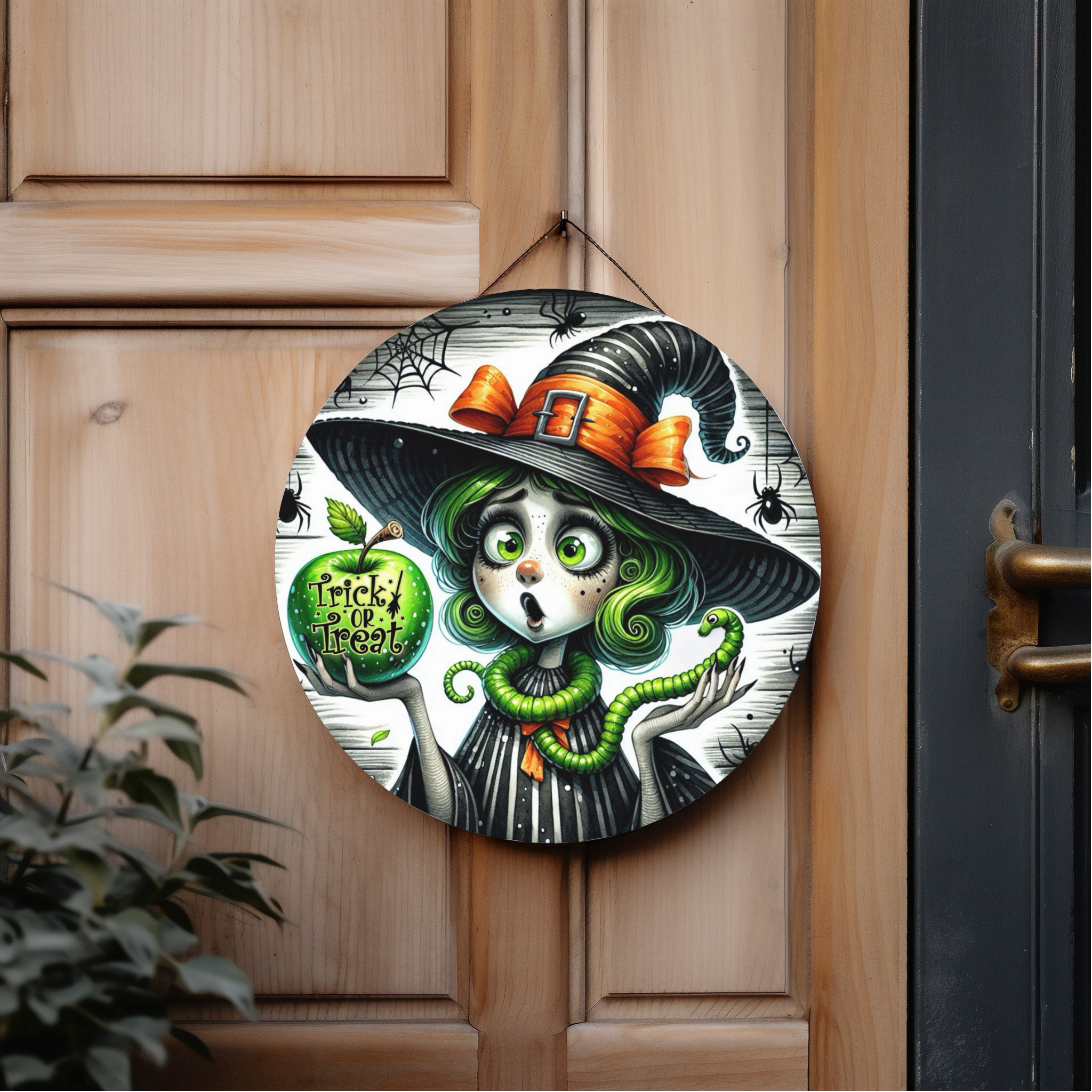 Trick or Treat Witch Wood Door Sign | Rustic Halloween Wall Decor | Boho Witch Sign for Porch or Entryway | UV Printed Birch | 8x8, 10x10, 12x12