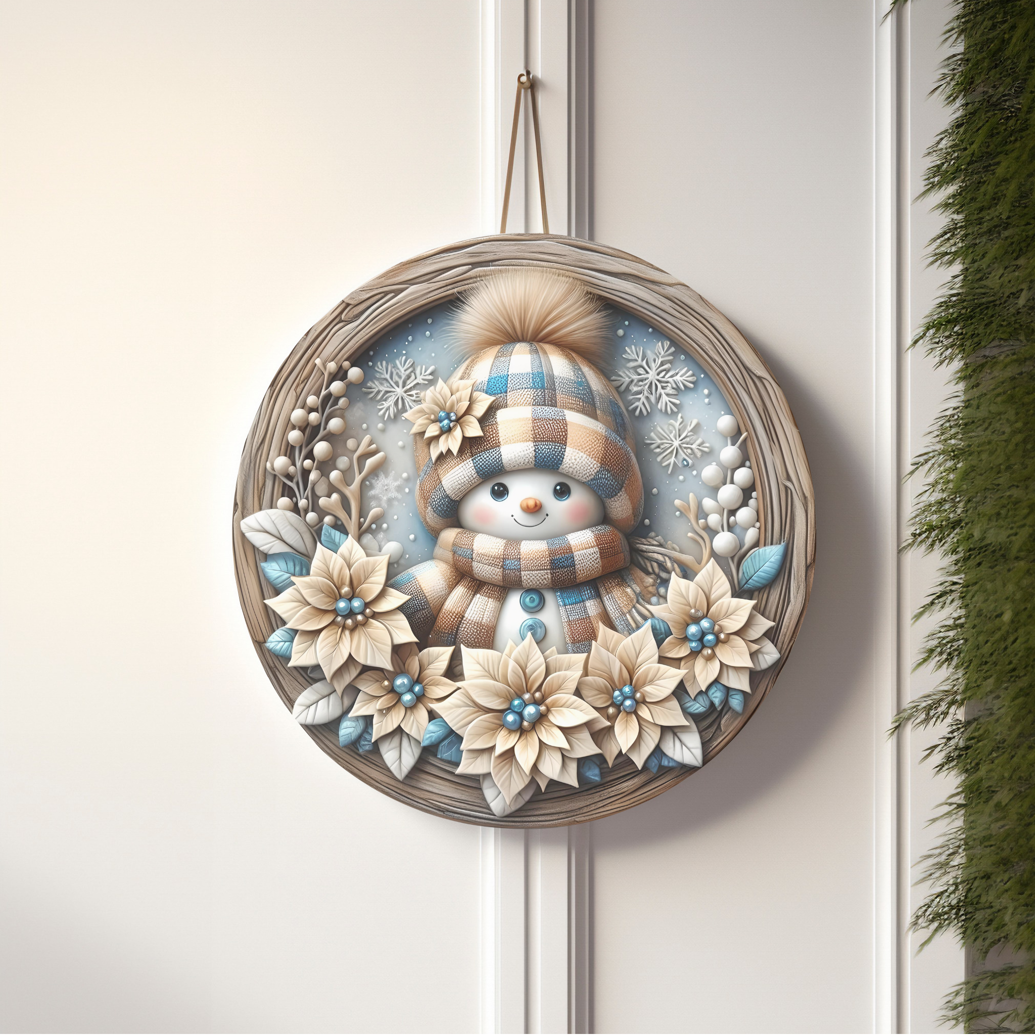 3D Snowman Wood Door Sign | Rustic Boho Christmas Wall Decor | Winter Holiday Sign in Soft Blue &amp; Beige | UV Printed Baltic Birch | 8x8, 10x10, 12x12