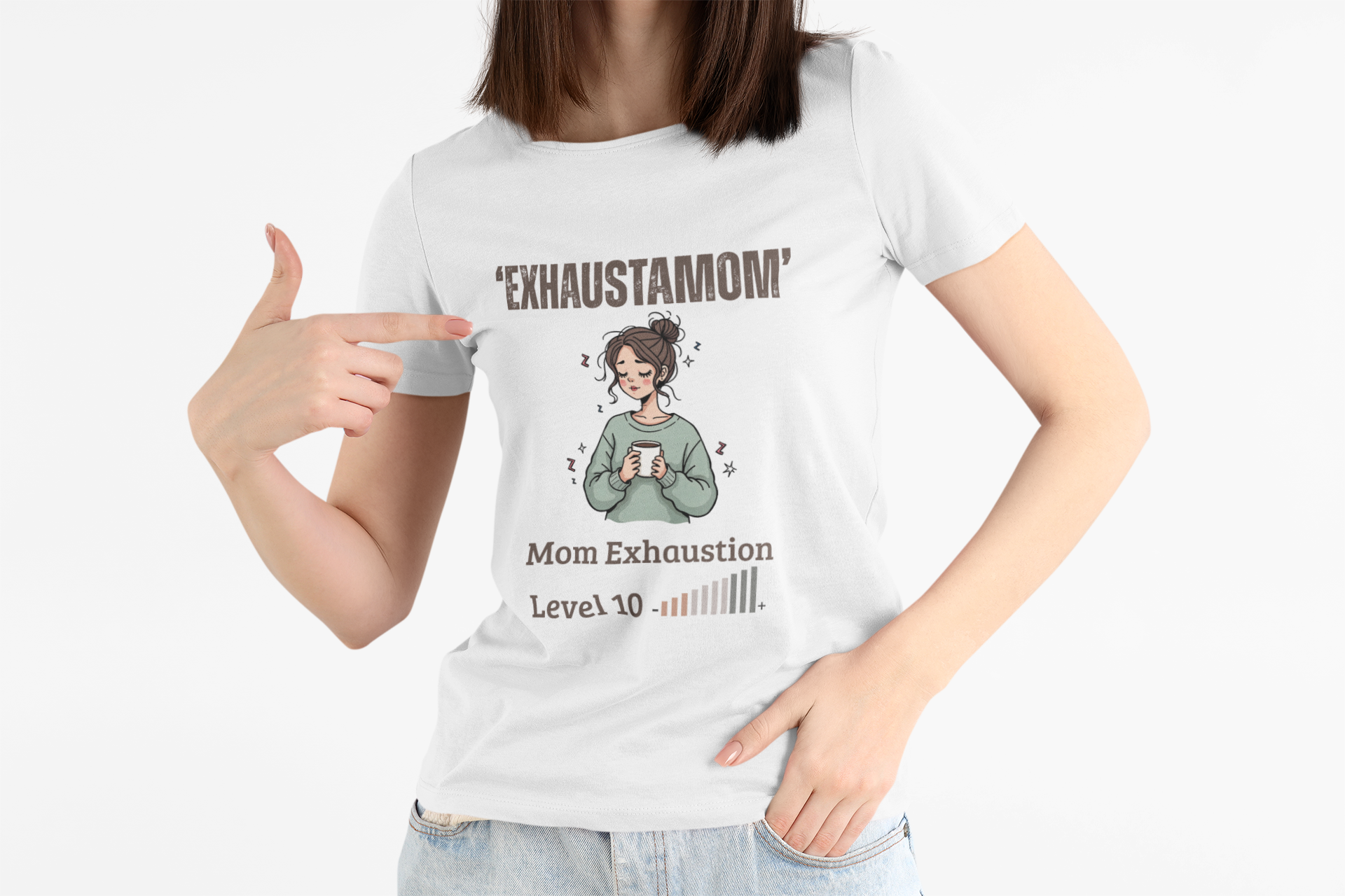 'Exhaustamom' T-Shirt – “Mom Exhaustion Level 10” Graphic Tee – Funny Tired Mom Shirt – Unisex Softstyle Comfort – Relatable Parenting Humor Gift