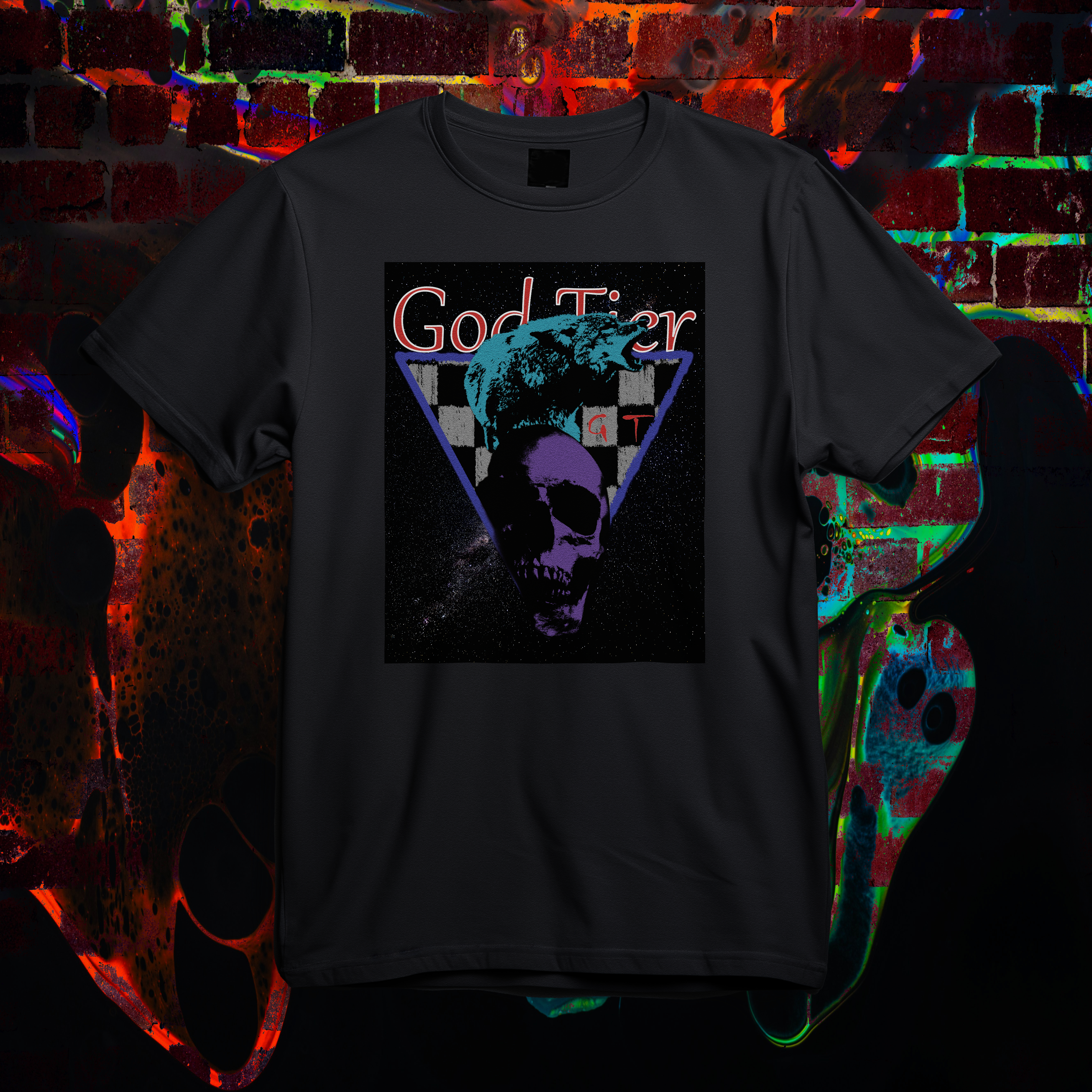 GodTier Wolf Skull Chessboard in Space-Unisex Garment-Dyed T-shirt