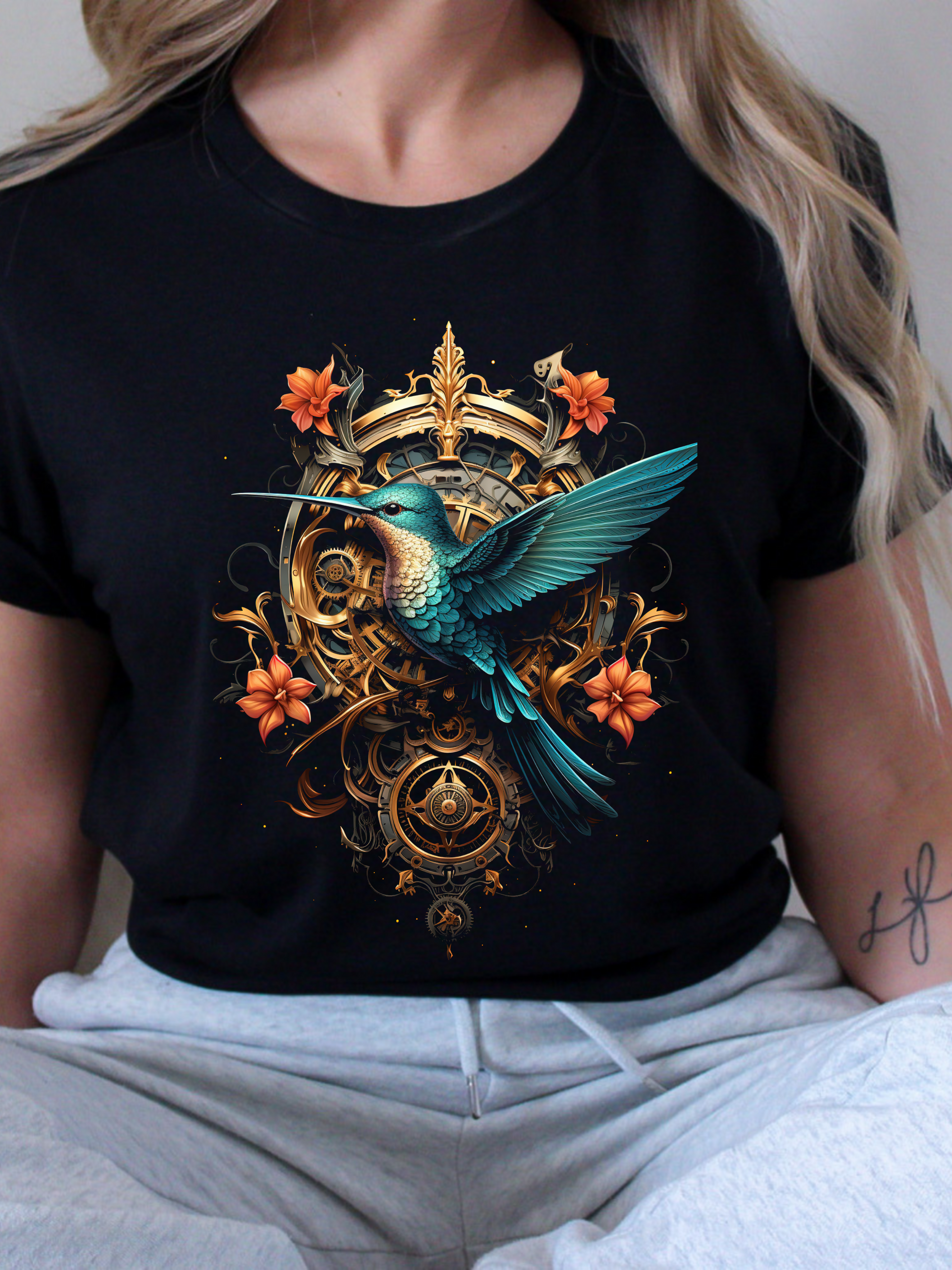 Hummingbird Steampunk Shirt, Ornate Nature Tee, Fantasy Bird T-Shirt, Floral Clockwork Design, Gift for Her Hummingbird Steampunk Shirt, Ornate Nature Tee, Fantasy Bird T-Shirt, Floral Clockwork Design, Gift for Her