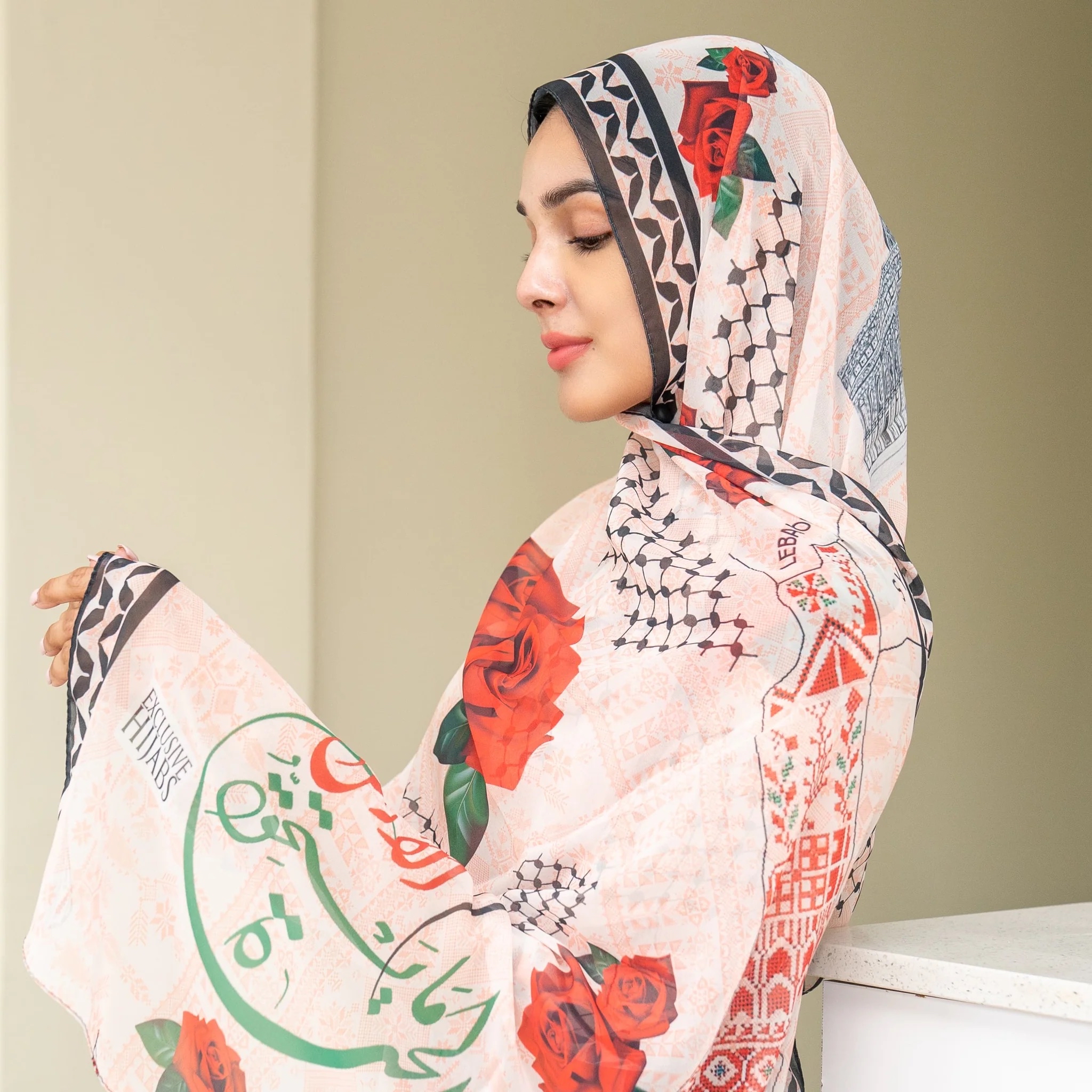 Floral Palestine Scarf, Lightweight wrap, Boho accessory, Gift for her, Travel scarf, Cultural pride apparel product thumbnail image