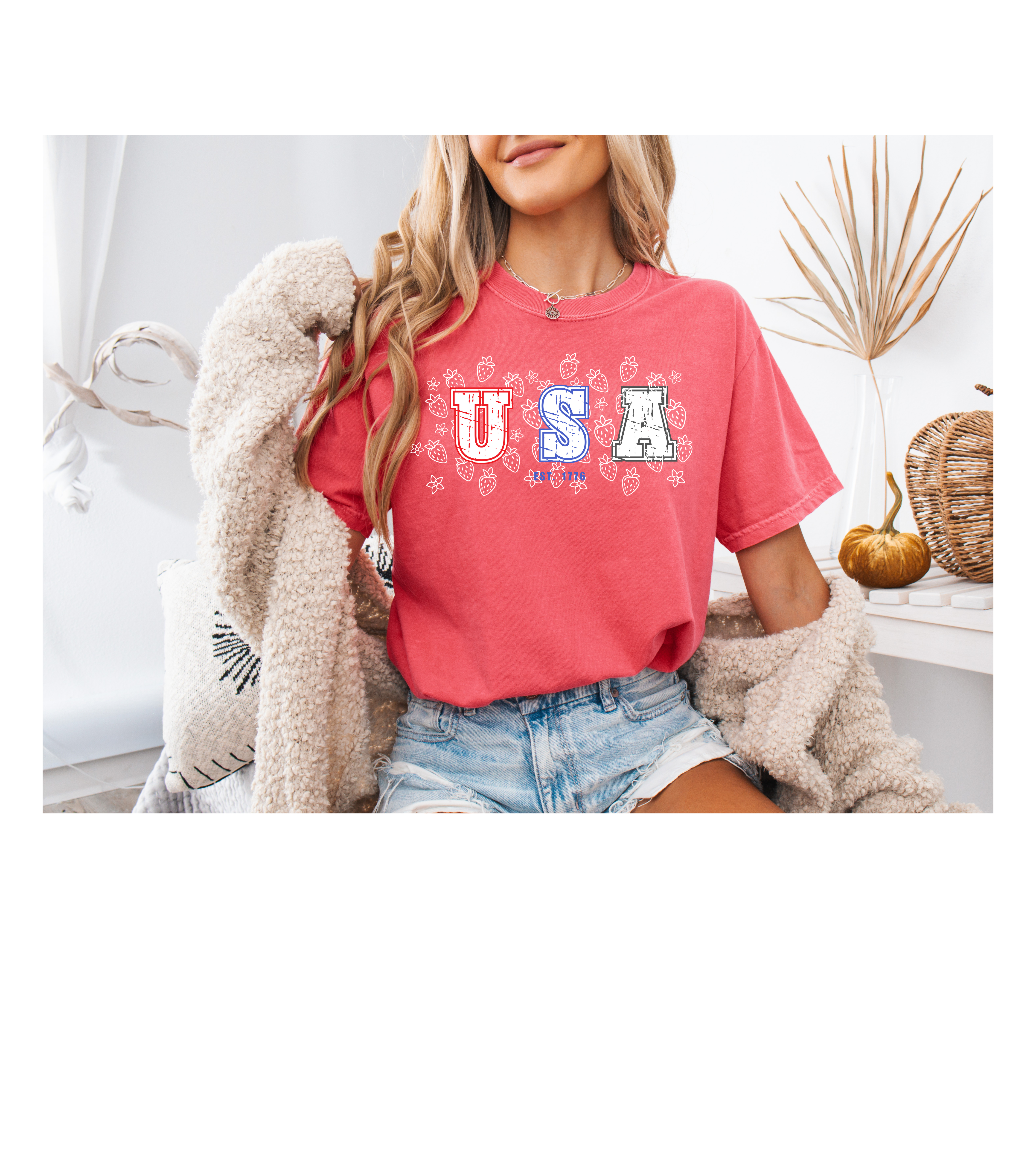 USA Strawberry Sketch Tee – Red White and Blue 4th of July T-Shirt (Comfort Colors Style) product thumbnail image USA Strawberry Sketch Tee – Red White and Blue 4th of July T-Shirt (Comfort Colors Style) product thumbnail image
