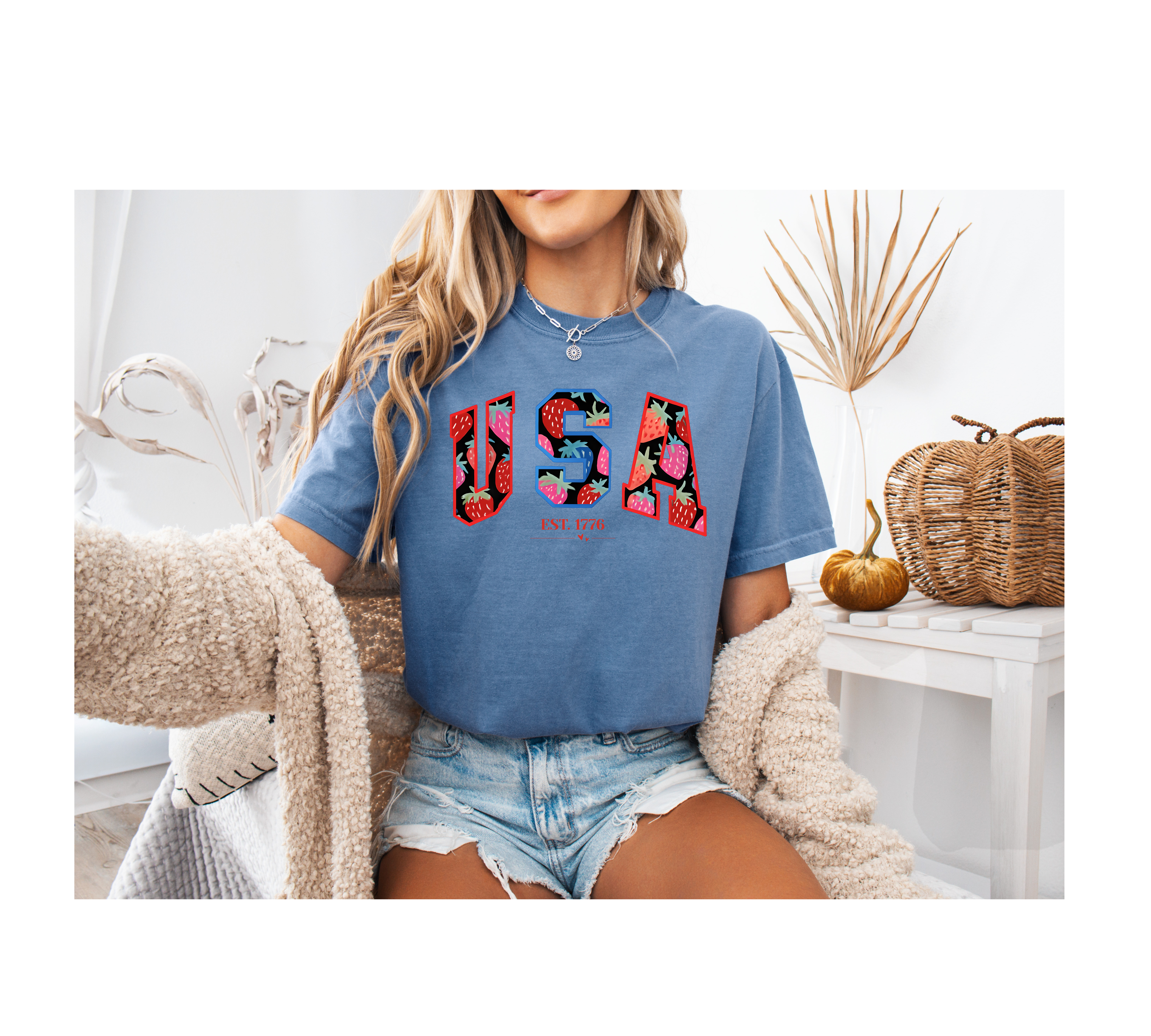 USA Strawberry Sketch Tee – Red White & Blue 4th of July T-Shirt (Comfort Colors-Inspired) product thumbnail image USA Strawberry Sketch Tee – Red White & Blue 4th of July T-Shirt (Comfort Colors-Inspired) product thumbnail image
