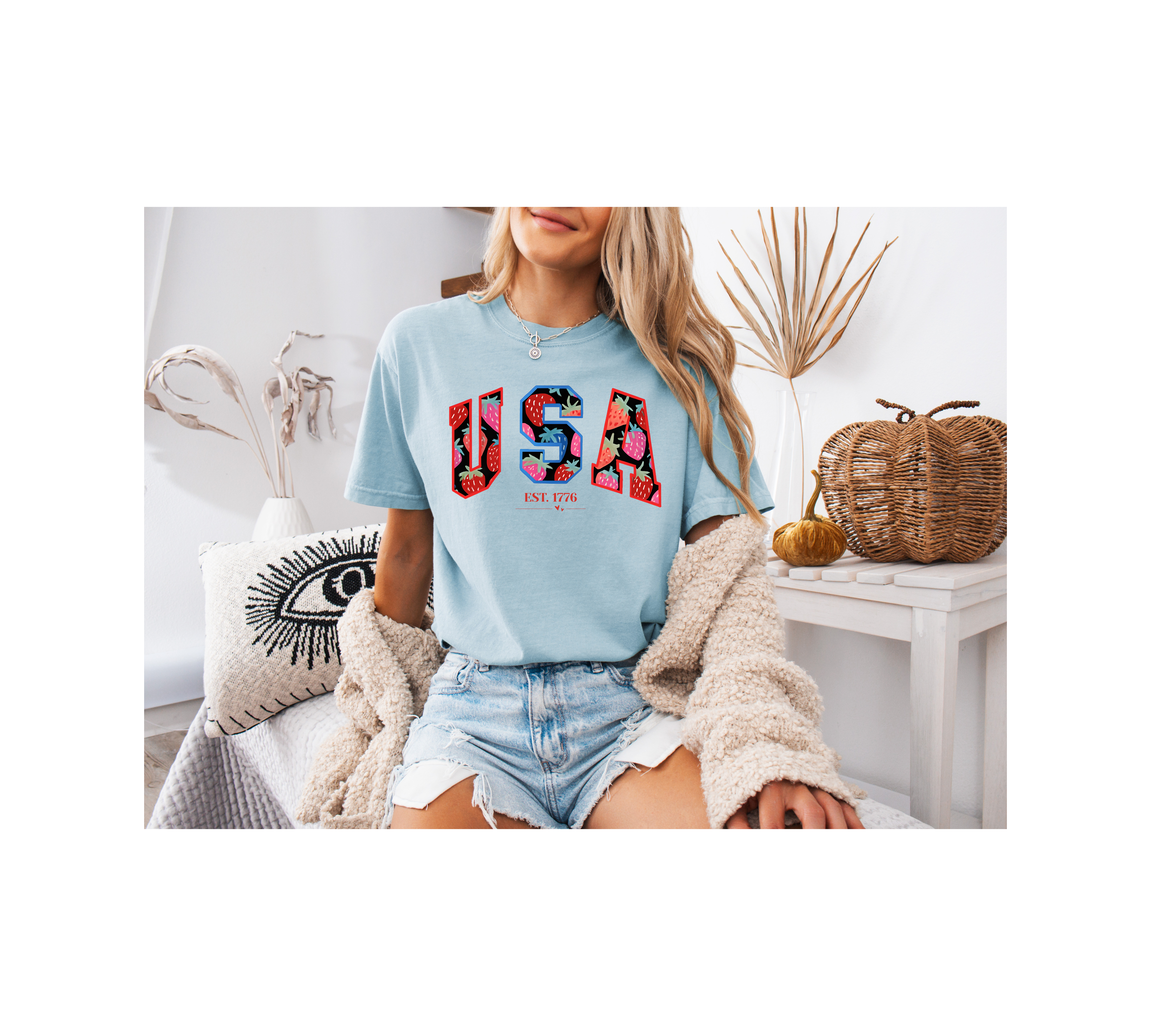 USA Strawberry Sketch Tee – Red White & Blue 4th of July T-Shirt (Comfort Colors-Inspired) product thumbnail image USA Strawberry Sketch Tee – Red White & Blue 4th of July T-Shirt (Comfort Colors-Inspired) product thumbnail image