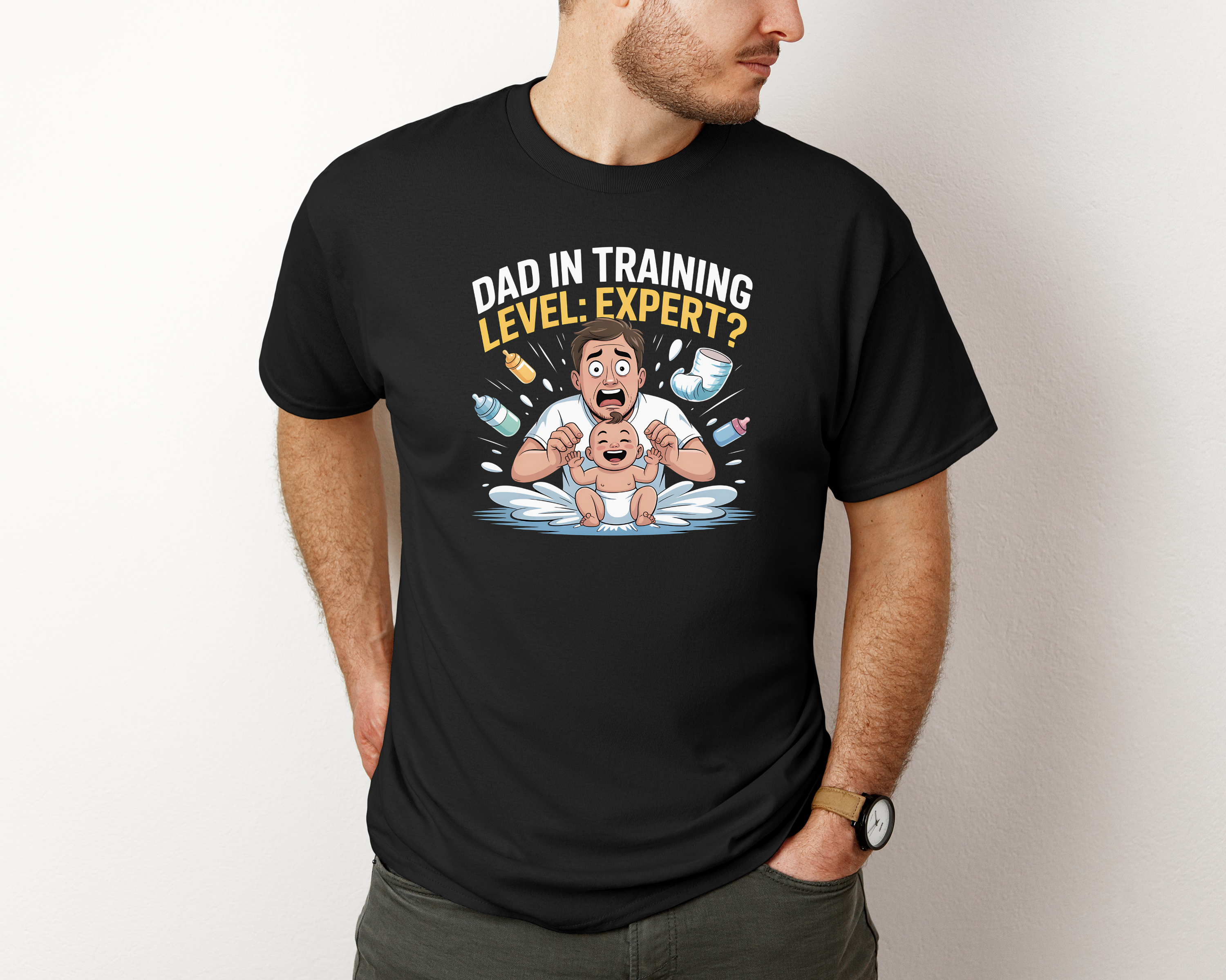 Dad in Training: Level Expert Funny New Dad T-Shirt First-Time Father Gift  Baby Chaos Design