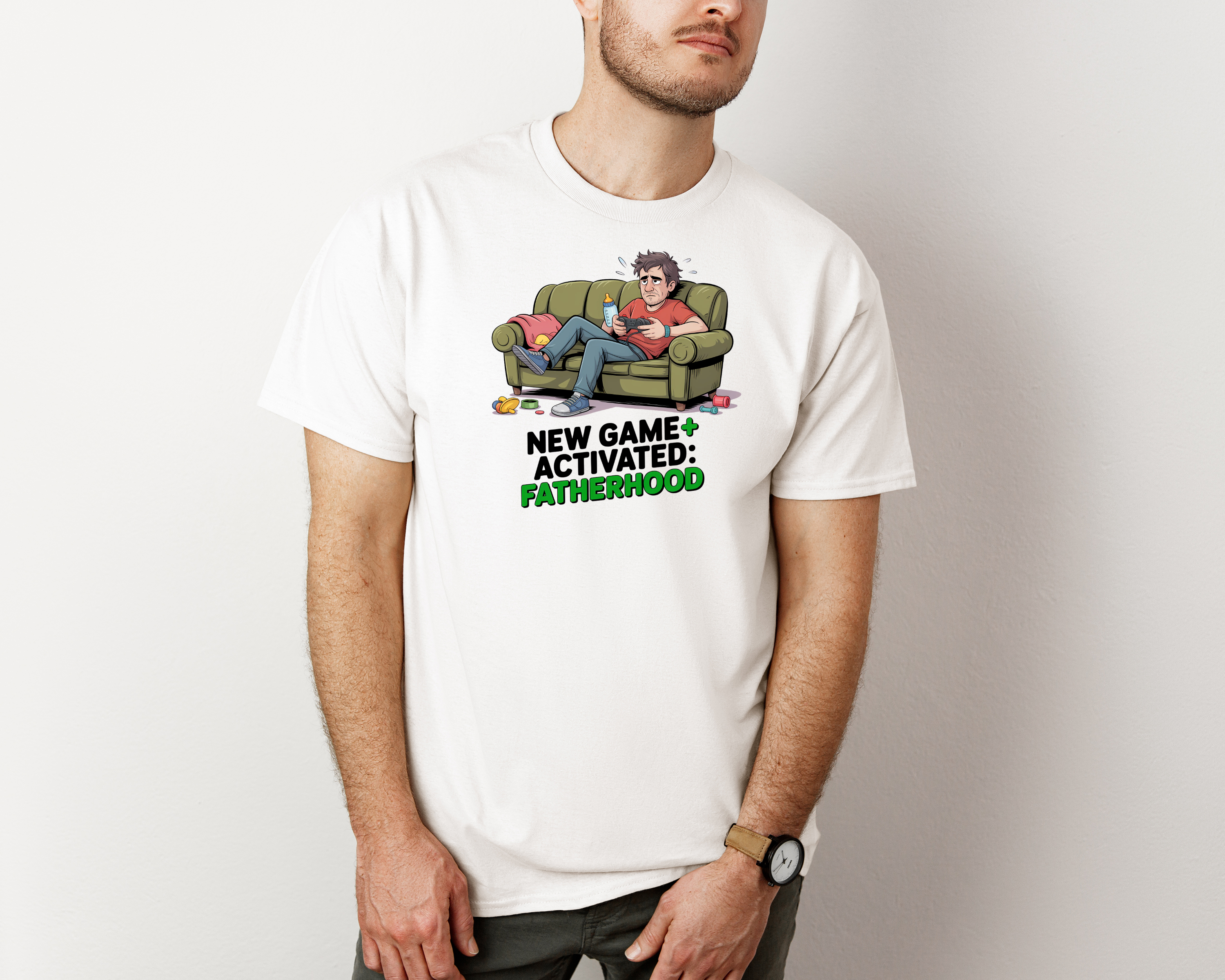 New Game Activated” T-Shirt Gamer Dad on Couch Design Perfect Gift for Fathers, Birthdays, and Holidays product thumbnail image