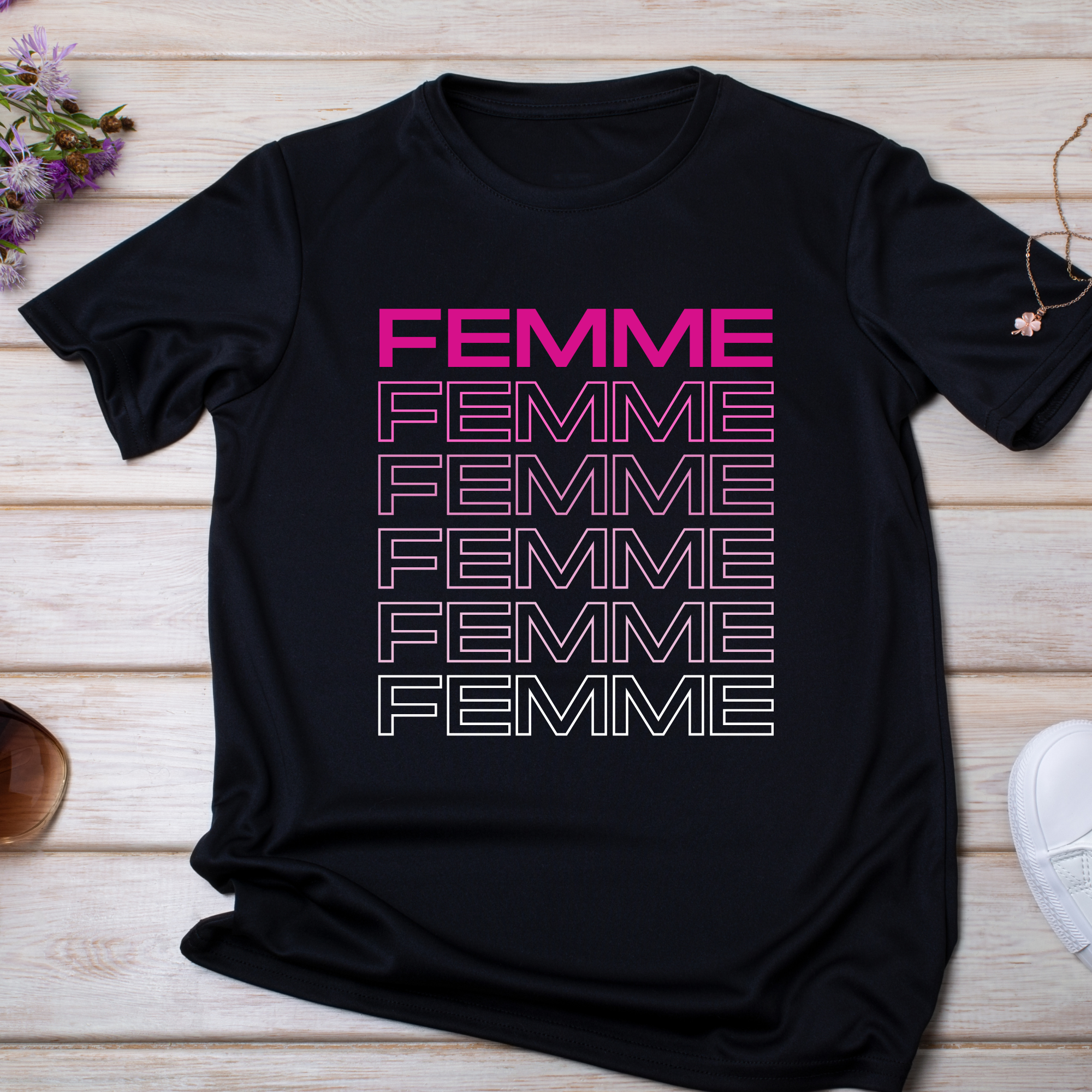 FEMME Repeating Text Pride Shirt – Bold Gradient Queer Identity Tee T-Shirt - Unisex Softstyle Tee, Casual Wear, Gift for Her, Feminism Shirt, Trendy Outfit product thumbnail image