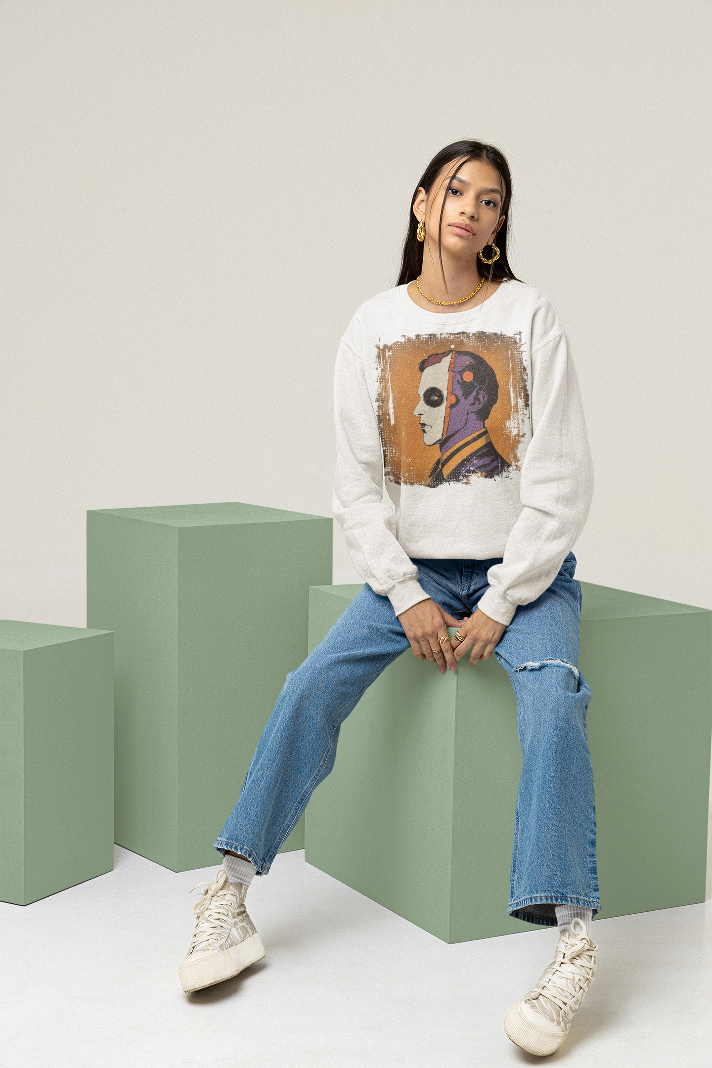 “NeoMind Split” Cyberpunk Retro-Futurism Profile Dystopian Unisex Crewneck Sweatshirt product thumbnail image