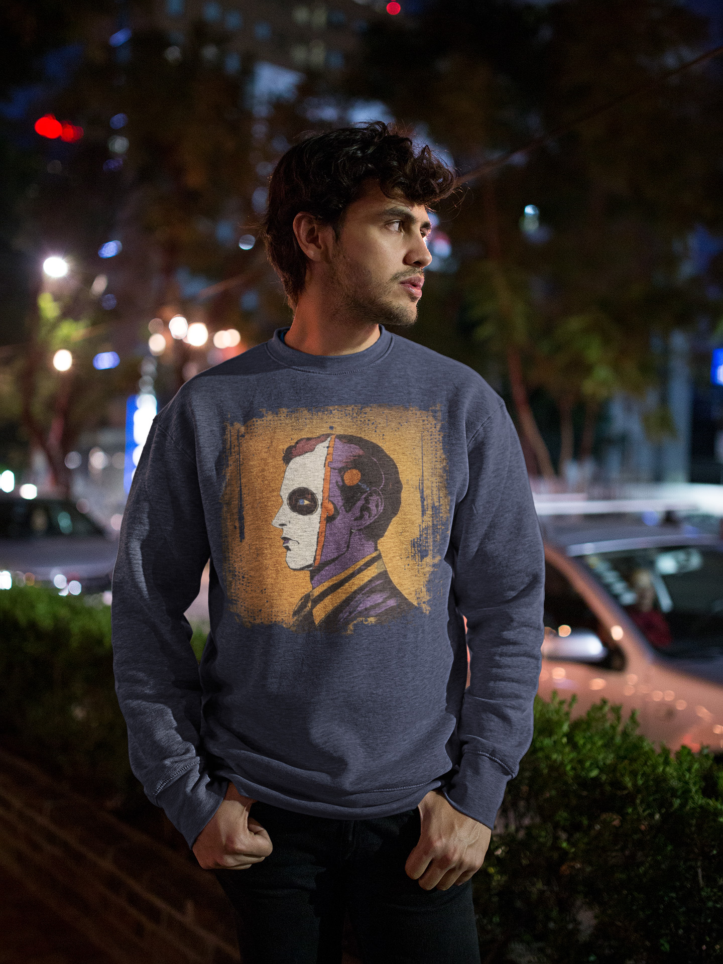 “NeoMind Split” Cyberpunk Retro-Futurism Profile Dystopian Unisex Crewneck Sweatshirt product thumbnail image