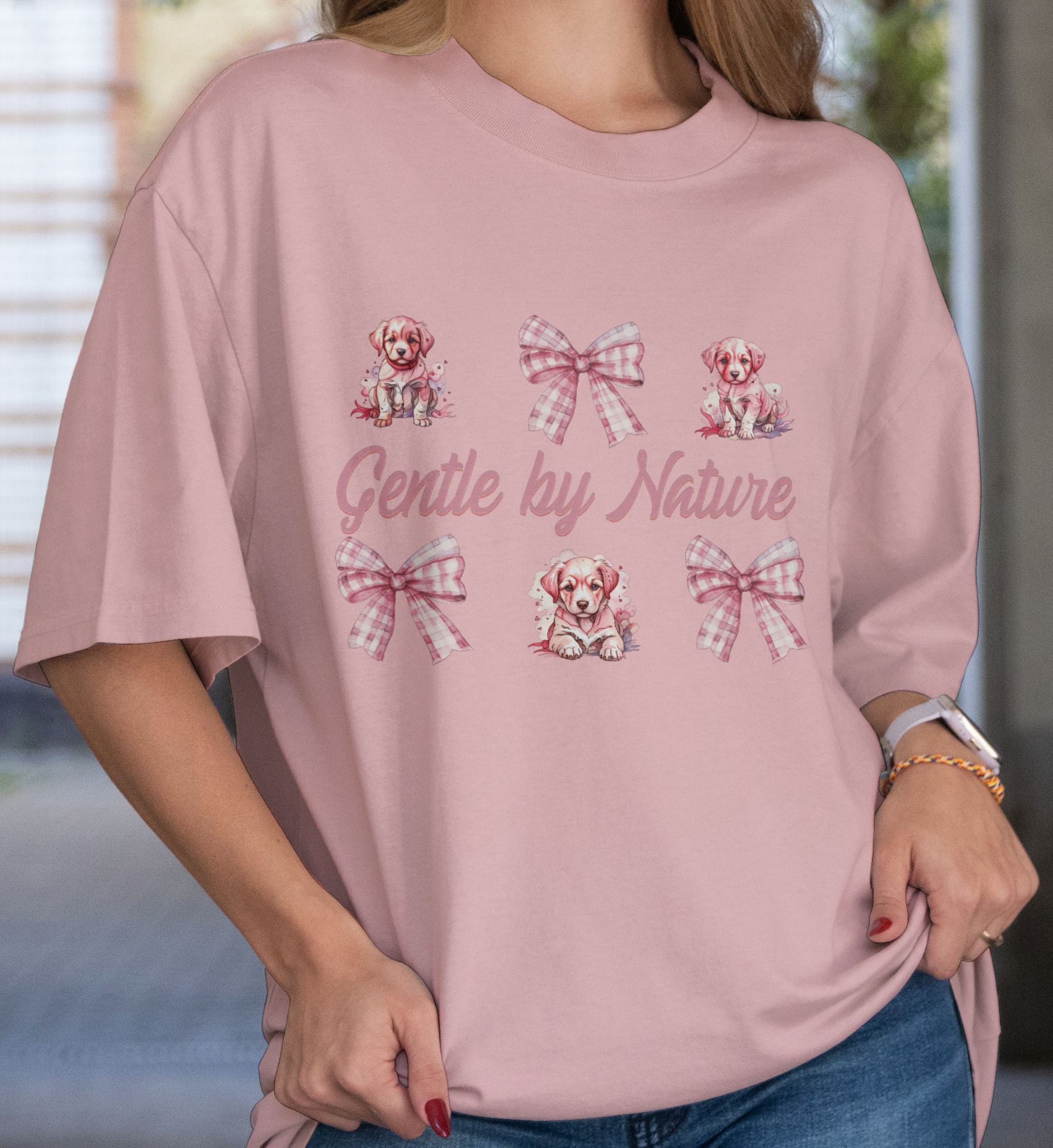 Gentle by Nature Coquette Bow Puppy Graphic Tee – Cute Dog Shirt with Pink Bows & Sweet Vintage Aesthetic, Dog Lover T-Shirt. product thumbnail image Gentle by Nature Coquette Bow Puppy Graphic Tee – Cute Dog Shirt with Pink Bows & Sweet Vintage Aesthetic, Dog Lover T-Shirt. product thumbnail image