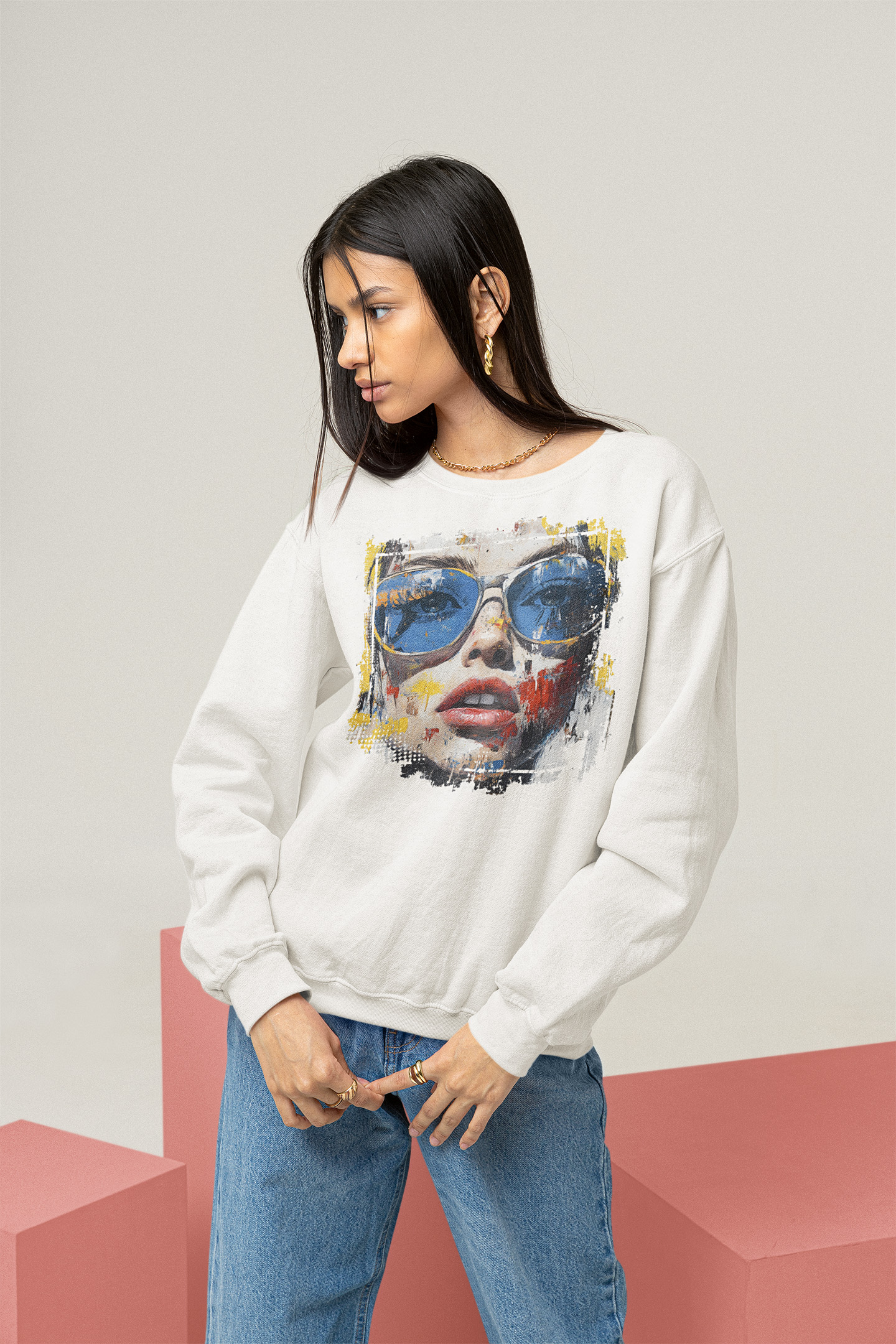 Chic Crewneck Sweatshirt | “Neon Gaze” – Street Muse Unisex | Gift for Her, Casual Wear, Art Lovers, Trendy Fashion product thumbnail image