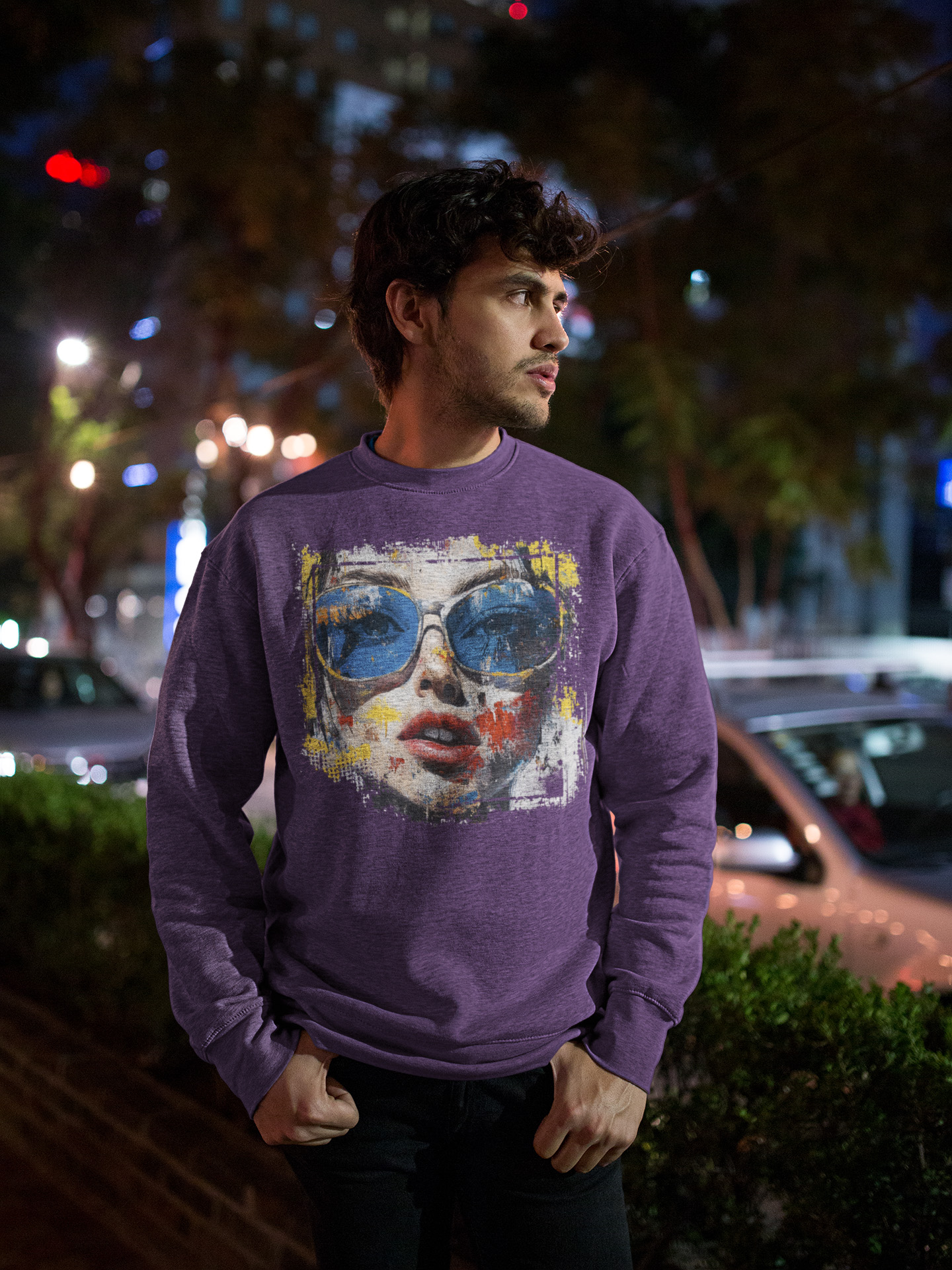 Chic Crewneck Sweatshirt | “Neon Gaze” – Street Muse Unisex | Gift for Her, Casual Wear, Art Lovers, Trendy Fashion product thumbnail image
