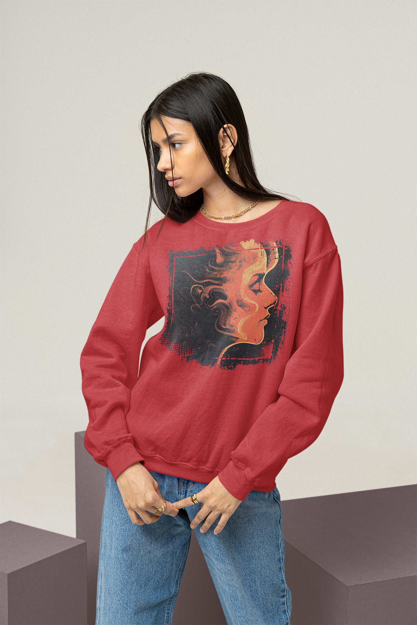 Chic Artistic Surreal Cosmic 1970s Space Girl Swirly Waves Hair Portrait Art Unisex Sweatshirt product thumbnail image Chic Artistic Surreal Cosmic 1970s Space Girl Swirly Waves Hair Portrait Art Unisex Sweatshirt product thumbnail image