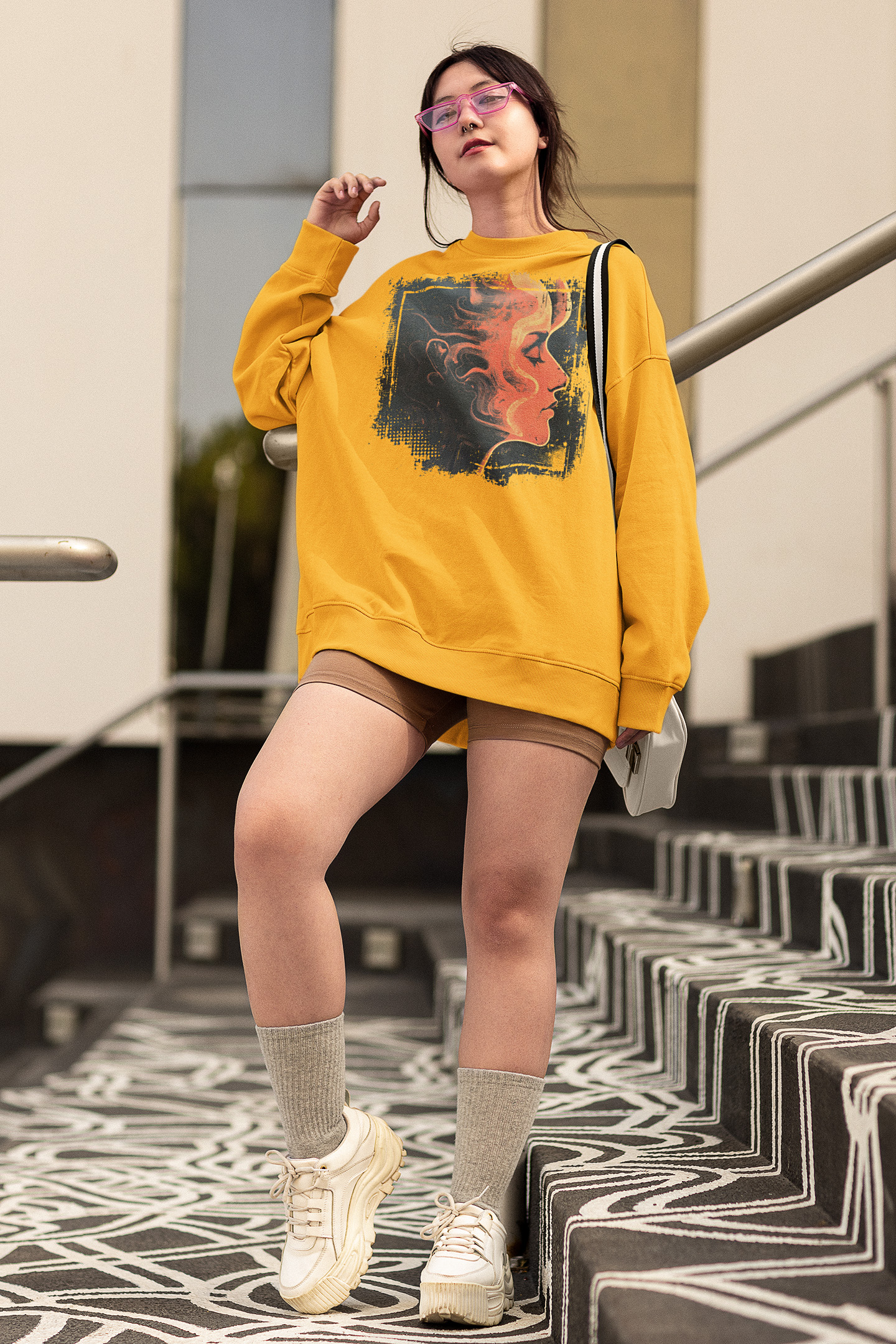 Chic Artistic Surreal Cosmic 1970s Space Girl Swirly Waves Hair Portrait Art Unisex Sweatshirt product thumbnail image