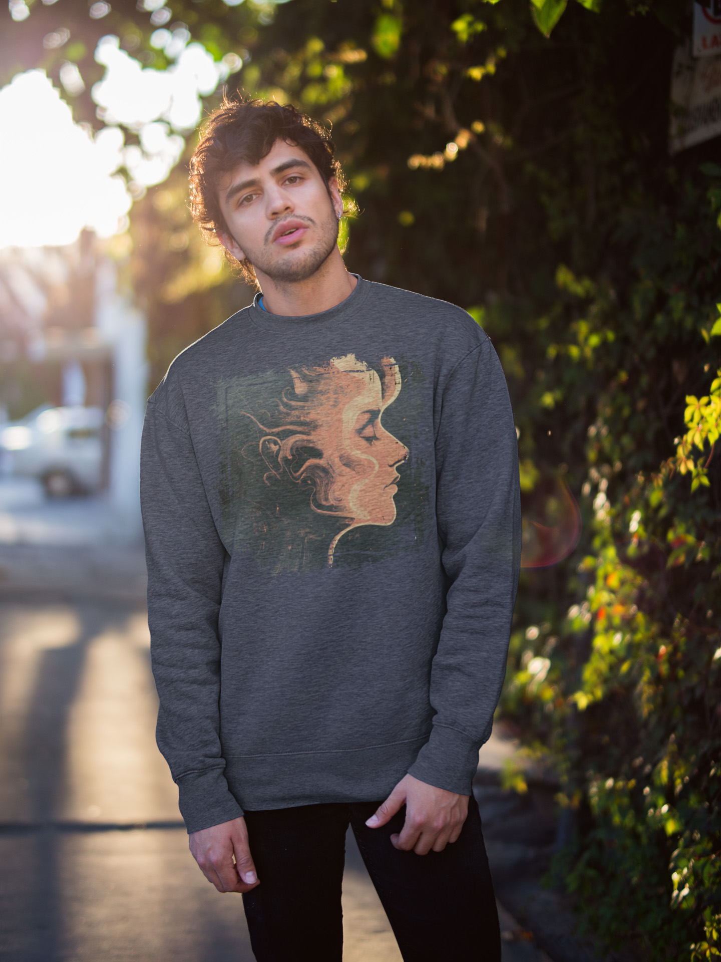 Chic Artistic Surreal Cosmic 1970s Space Girl Swirly Waves Hair Portrait Art Unisex Sweatshirt product thumbnail image