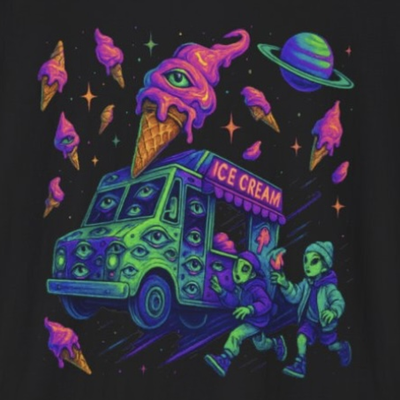 Trippy Alien Ice Cream Truck T-Shirt | Rave EDM Festival Shirt | Psychedelic Neon Tee product thumbnail image