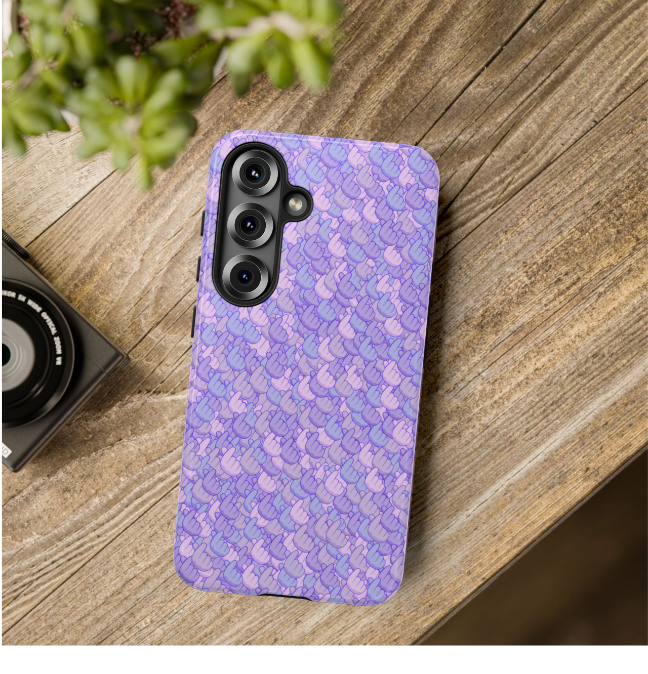 Tough Phone Case With K-Pop Design,  Purple Finger Heart Camoflouge, Wireless Charging Compatible, Compatible with Samsung and Google Pixel