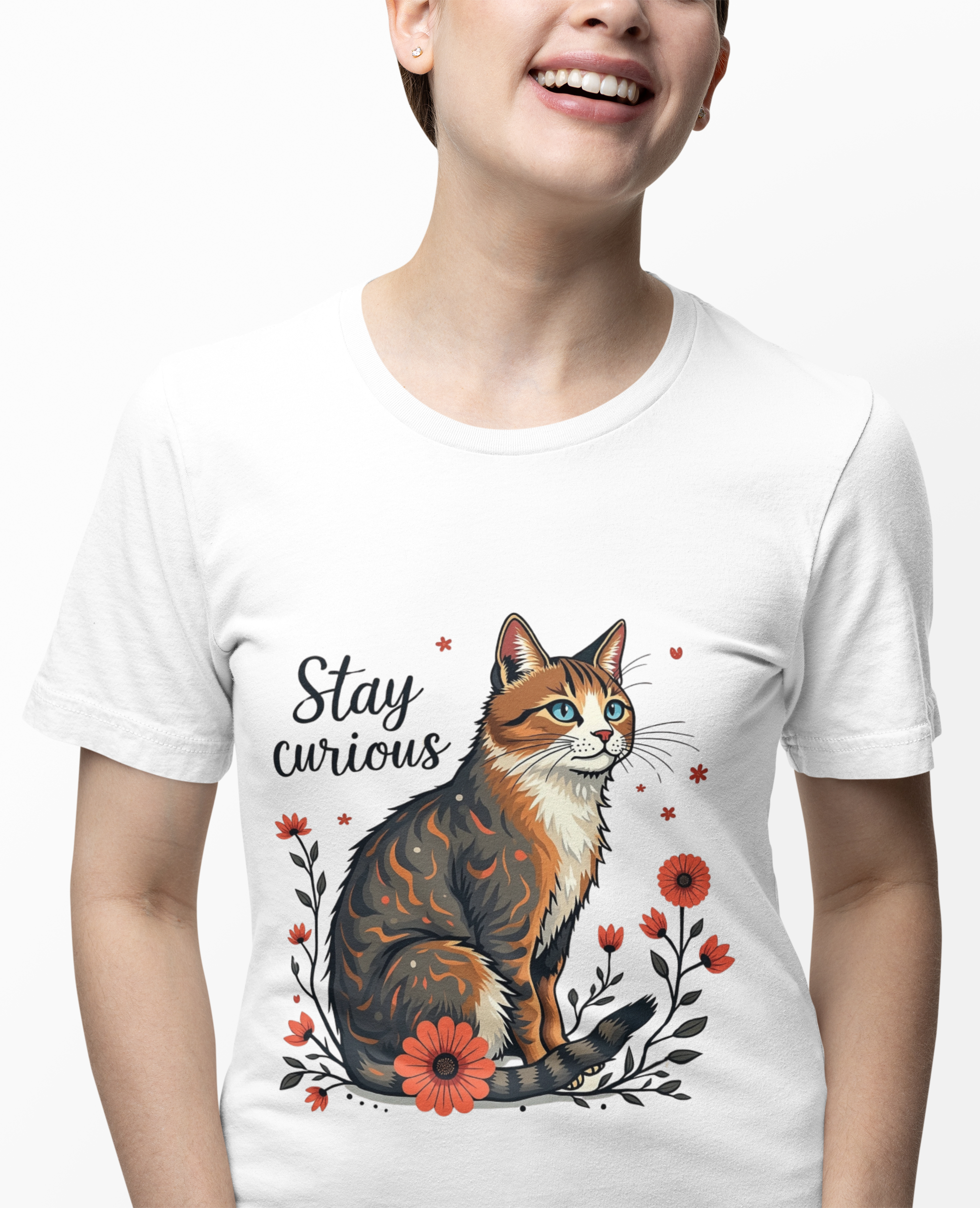 Cat Lover’s Unisex T-Shirt – “Stay Curious” Quote Tee – Cute Cat Bo-ho Graphic Shirt – Whimsical Animal Lover Gift – Casual Pet Owner Apparel
