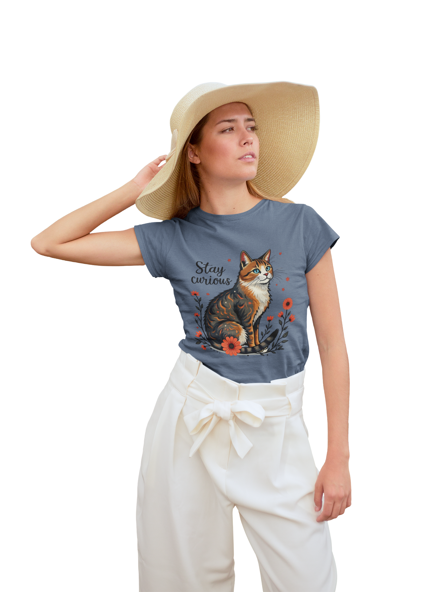 Cat Lover’s Unisex T-Shirt – “Stay Curious” Quote Tee – Cute Cat Bo-ho Graphic Shirt – Whimsical Animal Lover Gift – Casual Pet Owner Apparel product thumbnail image