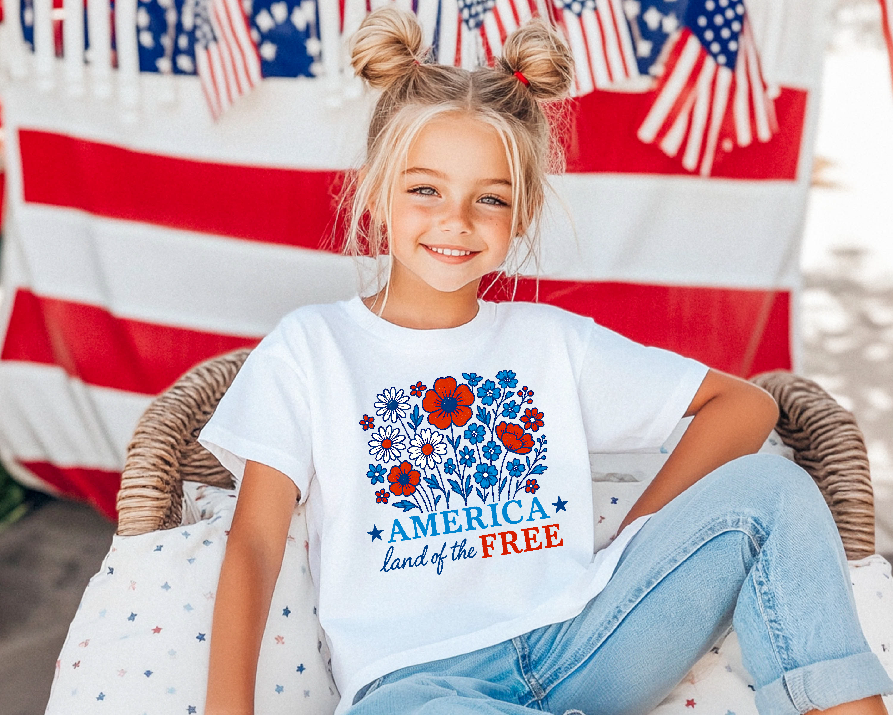 Kids "American Flower" Tee, Fourth Of July Apparel, Patriotic, Land Of The Free Kids "American Flower" Tee, Fourth Of July Apparel, Patriotic, Land Of The Free
