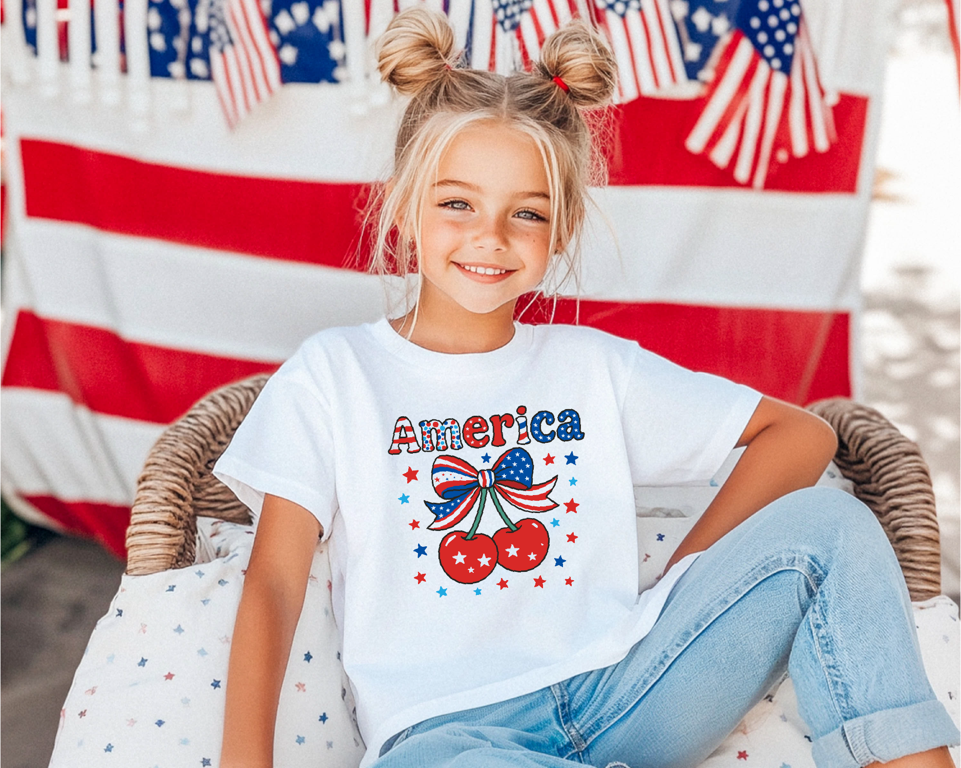 Kids "American Cherry" Patriotic Tee, 4th of July Outfit, Summer, Kids product thumbnail image Kids "American Cherry" Patriotic Tee, 4th of July Outfit, Summer, Kids product thumbnail image