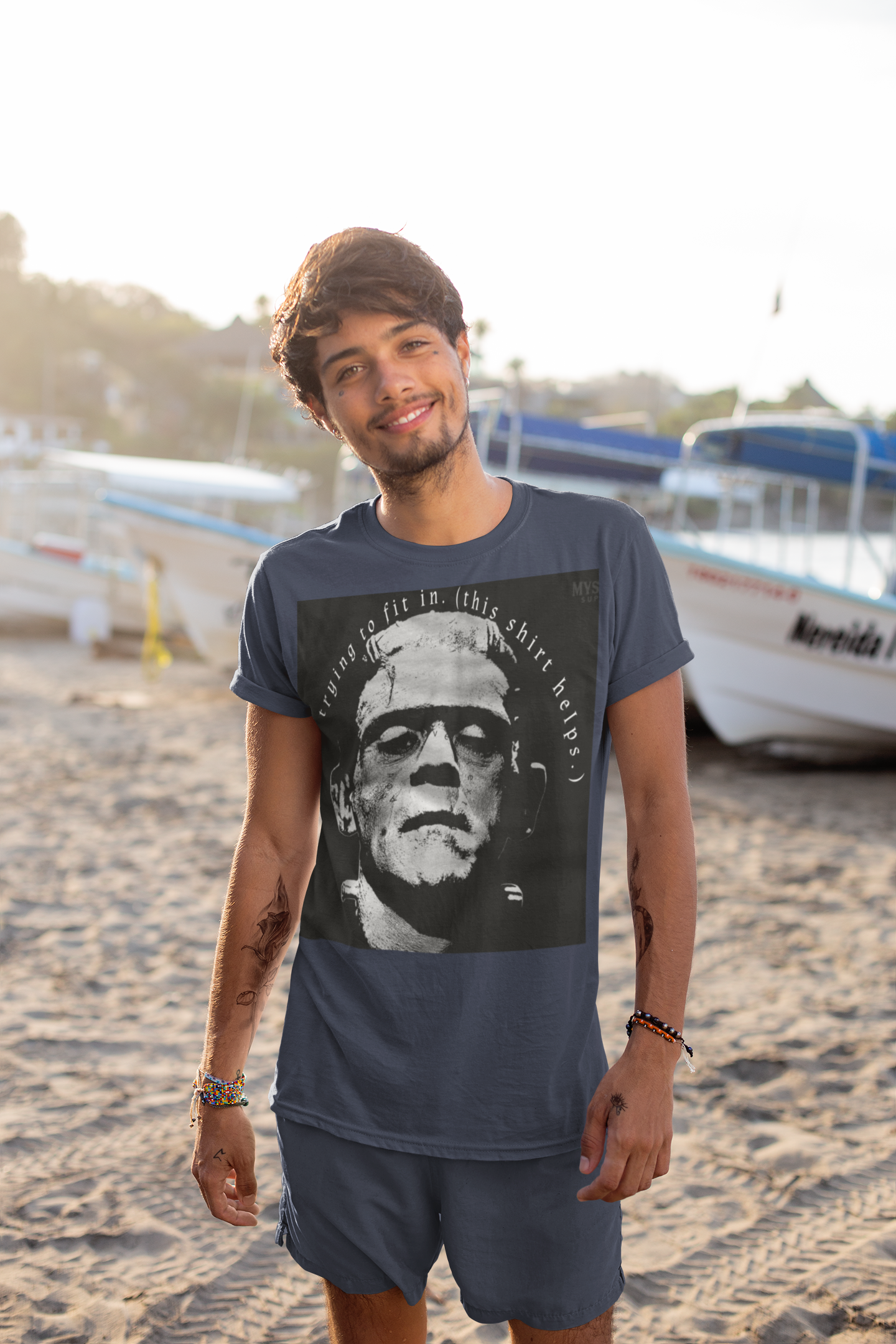 Frankenstein T-Shirt | 'Just Trying to Fit In' Gothic Horror Tee | Unisex Spooky Gift Apparel | Soft style Crewneck" product thumbnail image