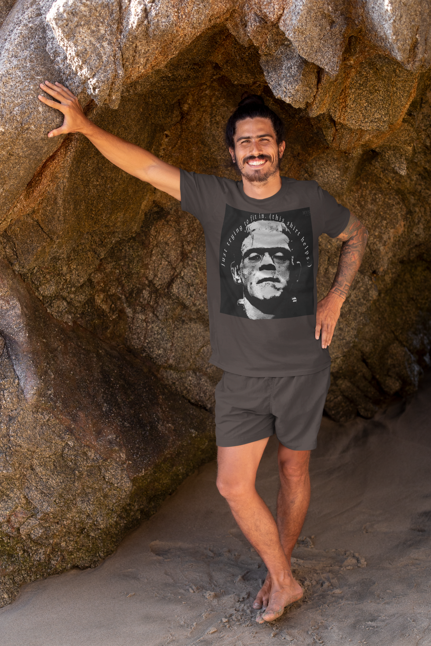 Frankenstein T-Shirt | 'Just Trying to Fit In' Gothic Horror Tee | Unisex Spooky Gift Apparel | Soft style Crewneck" product thumbnail image