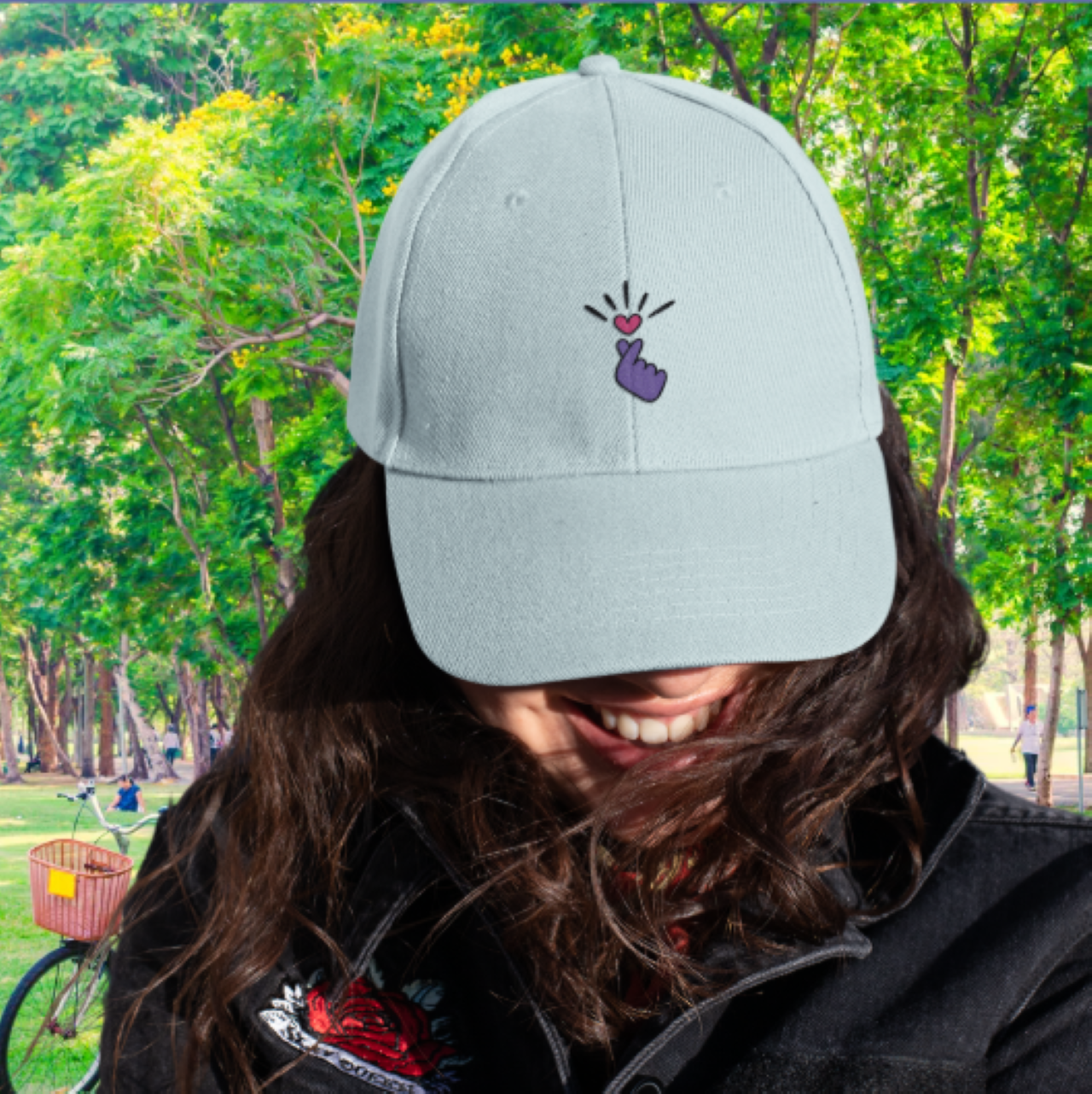 Embroidered Denim Cap with Purple Finger Heart K-Pop Design