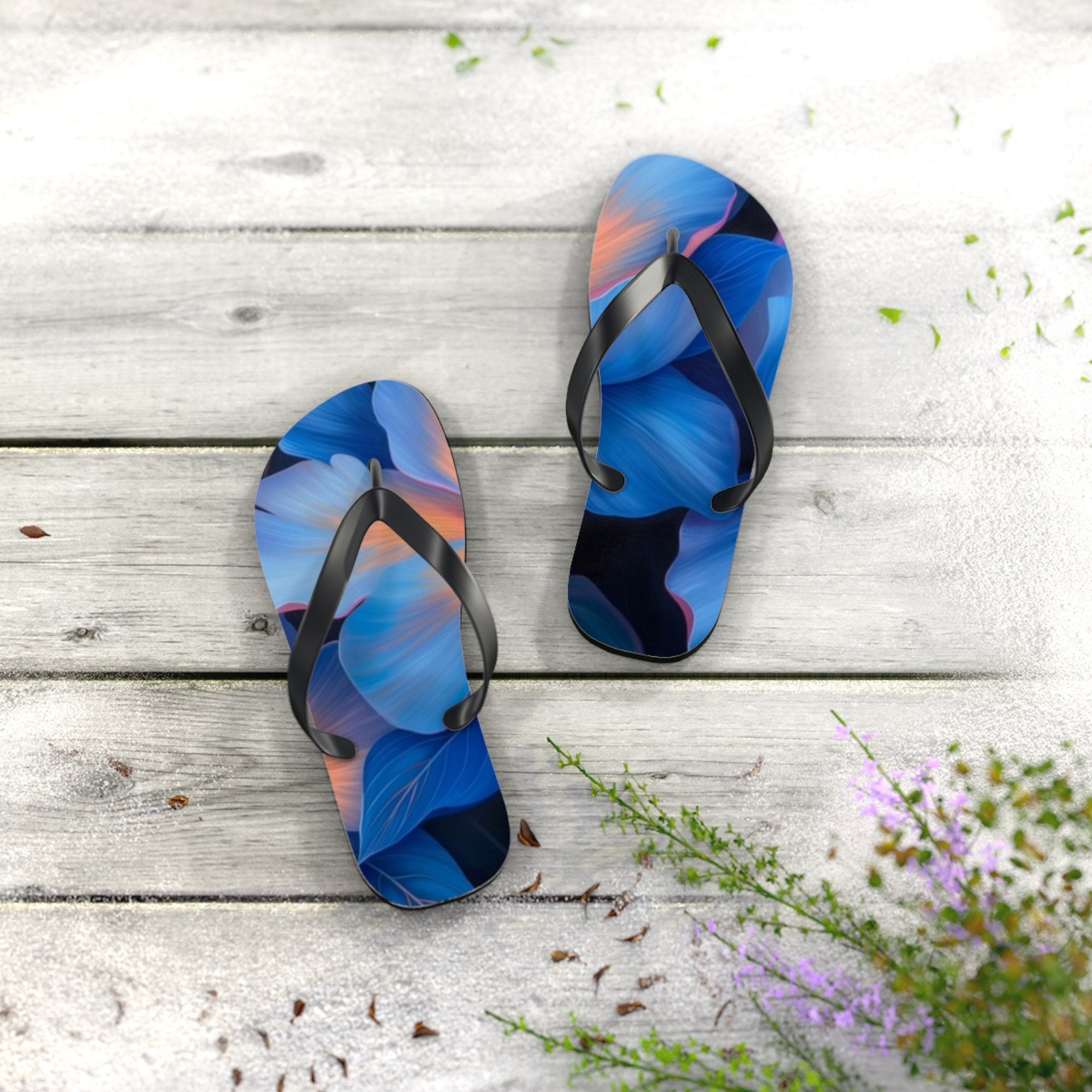 Blue Floral Summer Flip Flops Vibrant Abstract Beach Sandals Unisex Pool Slides Colorful Vacation Footwear for Men and Women