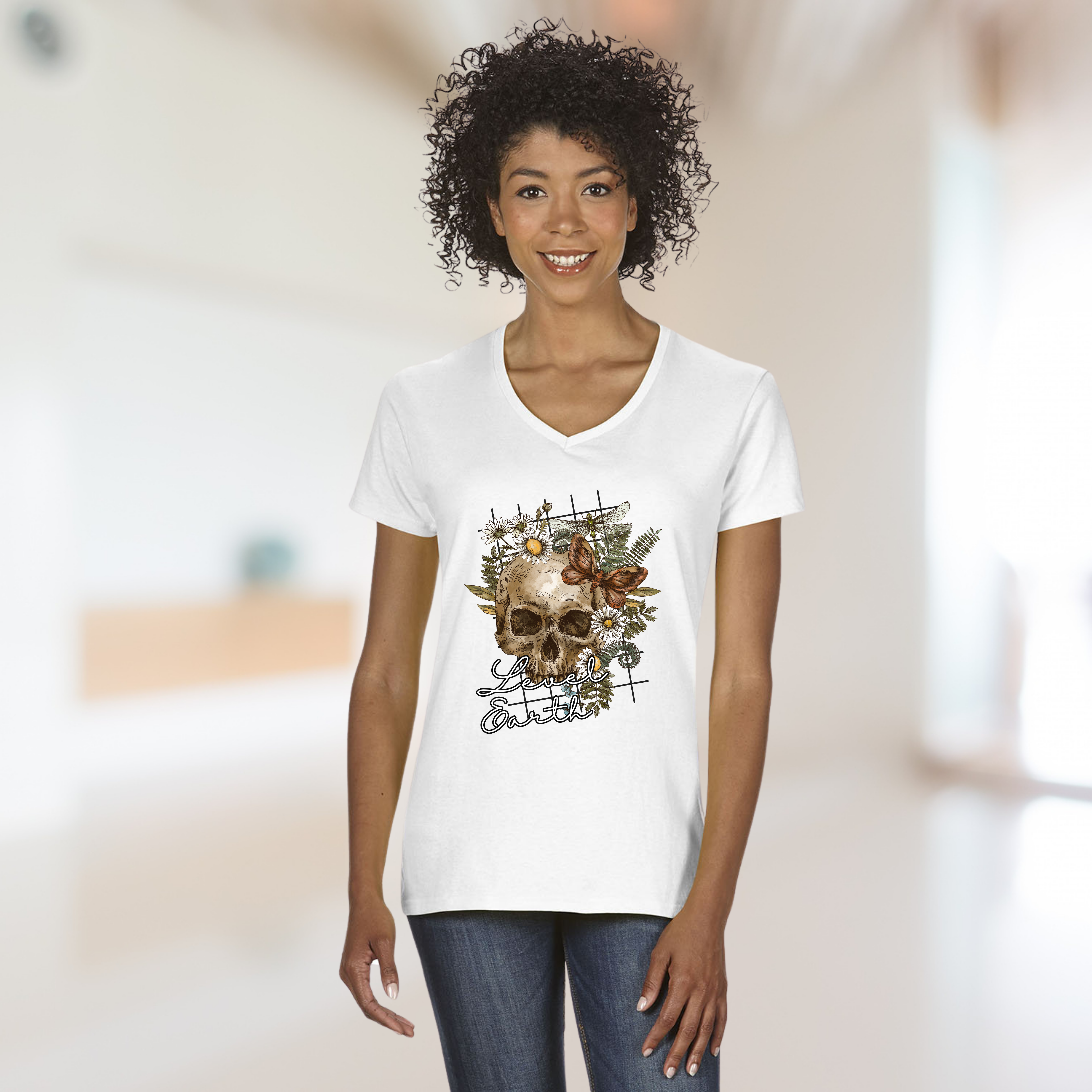 Floral Skull Women’s V-Neck | Level Earth, Tattoo Graphic, Bohemian Style, Gift for Her