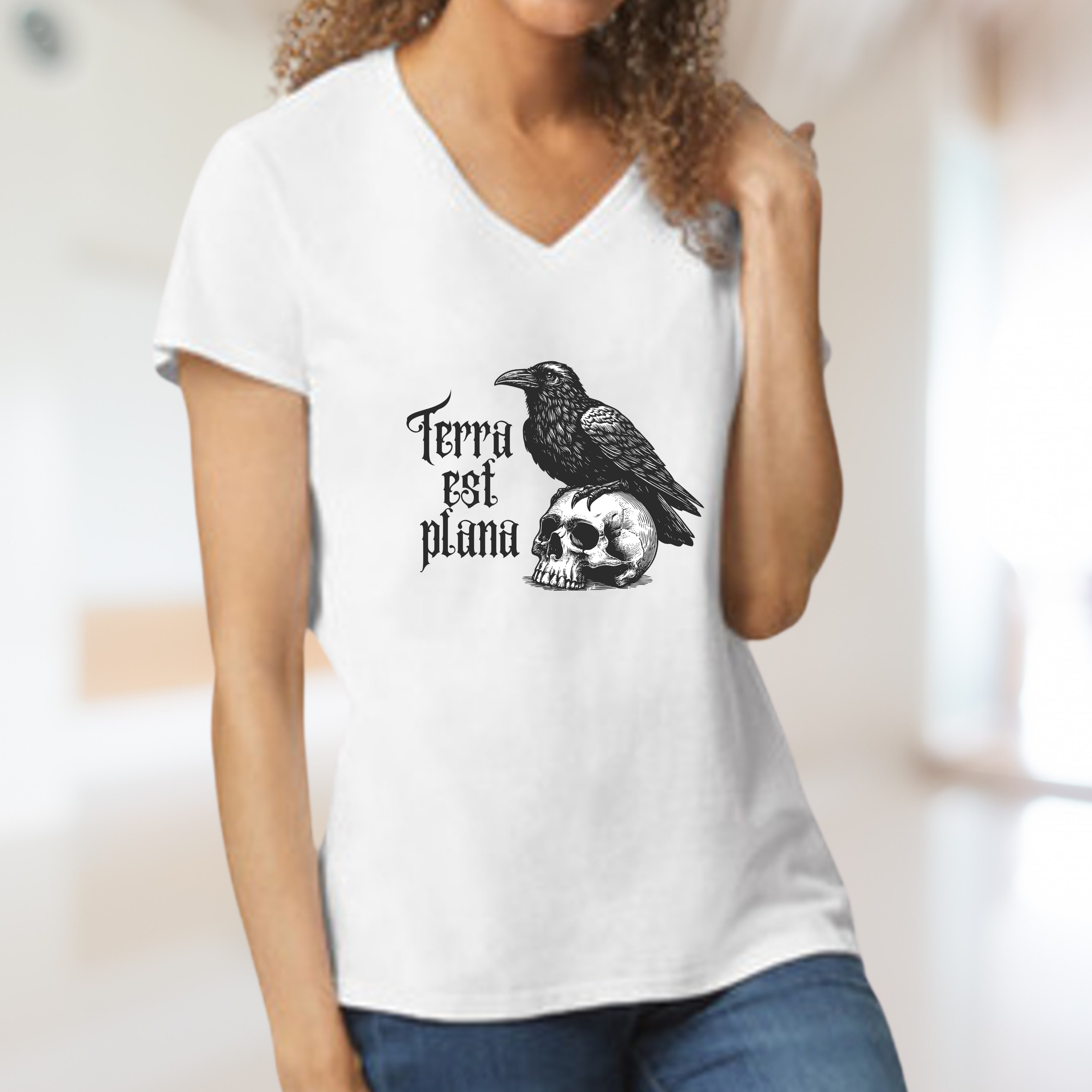 Gothic Raven Women's V-Neck | Terra Est Plana, Truth Earth Apparel, Dark Aesthetic Clothing Gothic Raven Women's V-Neck | Terra Est Plana, Truth Earth Apparel, Dark Aesthetic Clothing