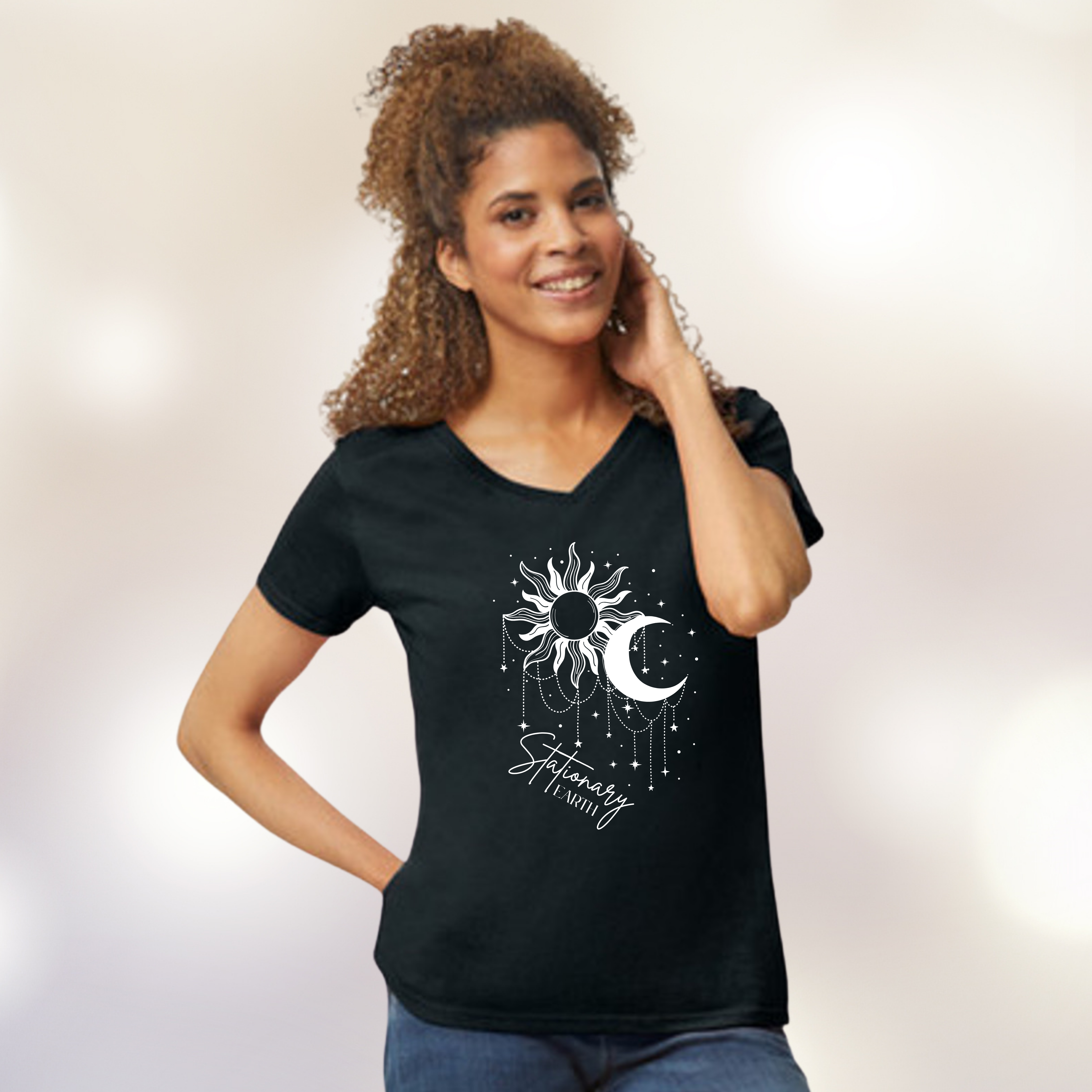 Sun/Moon Women's V-Neck | True Earth Astrology, Gift for Sun/Moon Lovers, Casual Wear, Spiritual Clothing product thumbnail image Sun/Moon Women's V-Neck | True Earth Astrology, Gift for Sun/Moon Lovers, Casual Wear, Spiritual Clothing product thumbnail image