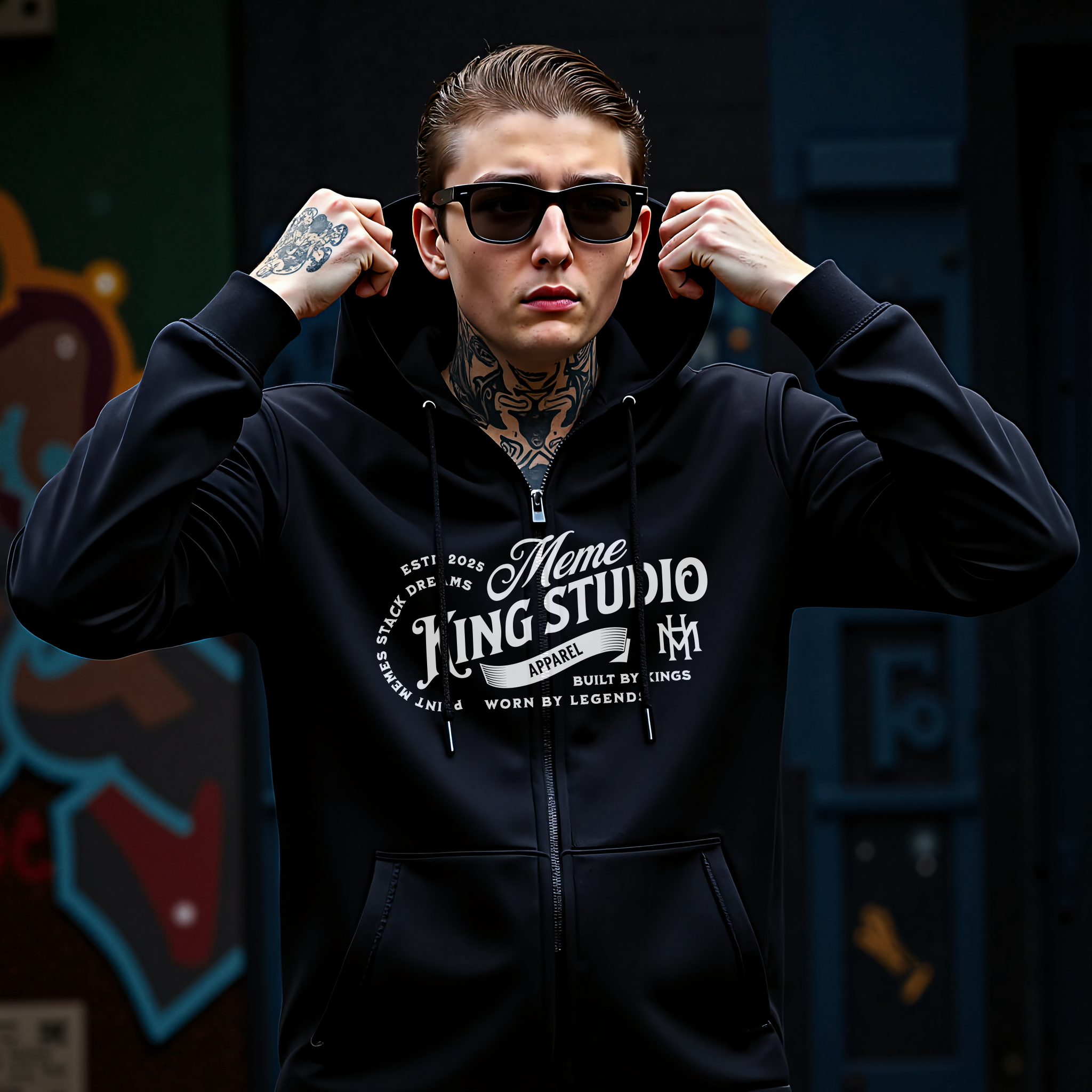 Meme King Studio – Signature Crest Zip Hoodie (Black & Heather Grey) product thumbnail image Meme King Studio – Signature Crest Zip Hoodie (Black & Heather Grey) product thumbnail image