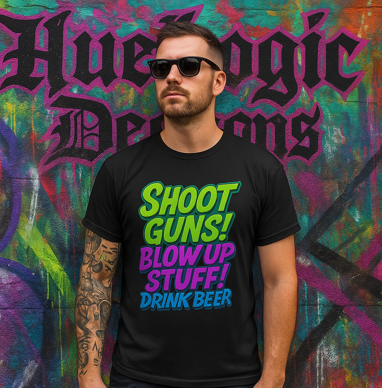 Shoot Guns Rave Tee Redneck Neon Festival Graphic Shirt 2025 EDGY Streetwear