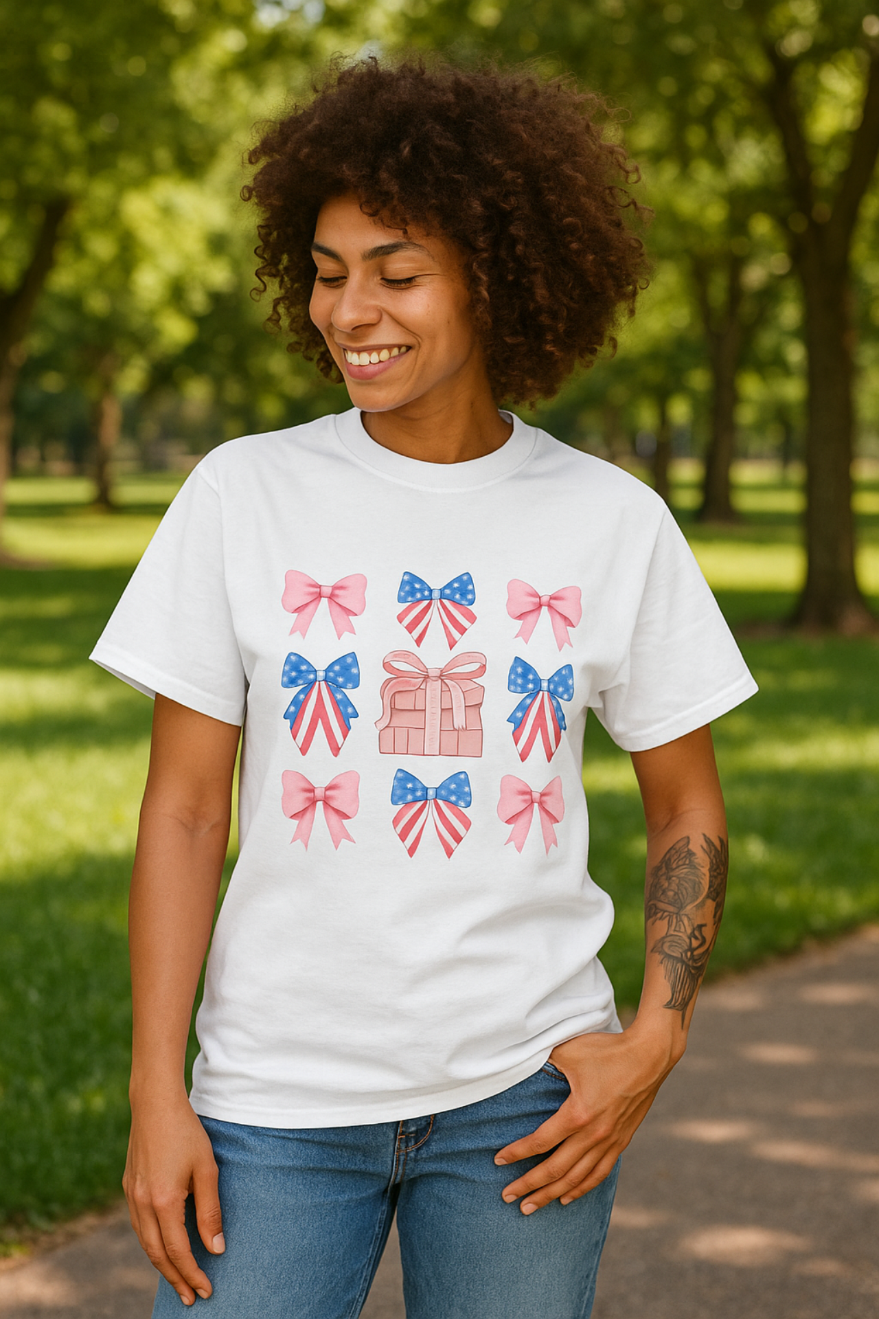 Unisex Gift Bow Present T Shirt Patriotic Red White Blue Tee Pink Blue Ribbon Shirt Birthday Holiday Cotton Tee product thumbnail image Unisex Gift Bow Present T Shirt Patriotic Red White Blue Tee Pink Blue Ribbon Shirt Birthday Holiday Cotton Tee product thumbnail image
