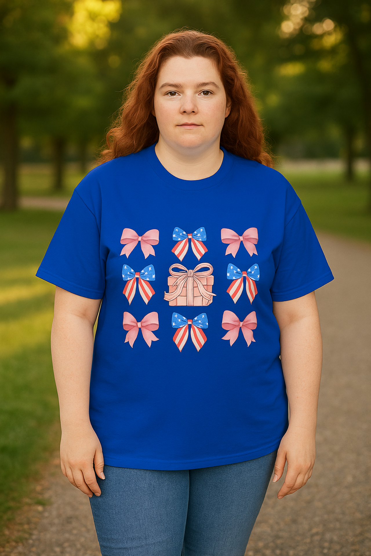 Unisex Gift Bow Present T Shirt Patriotic Red White Blue Tee Pink Blue Ribbon Shirt Birthday Holiday Cotton Tee product thumbnail image Unisex Gift Bow Present T Shirt Patriotic Red White Blue Tee Pink Blue Ribbon Shirt Birthday Holiday Cotton Tee product thumbnail image