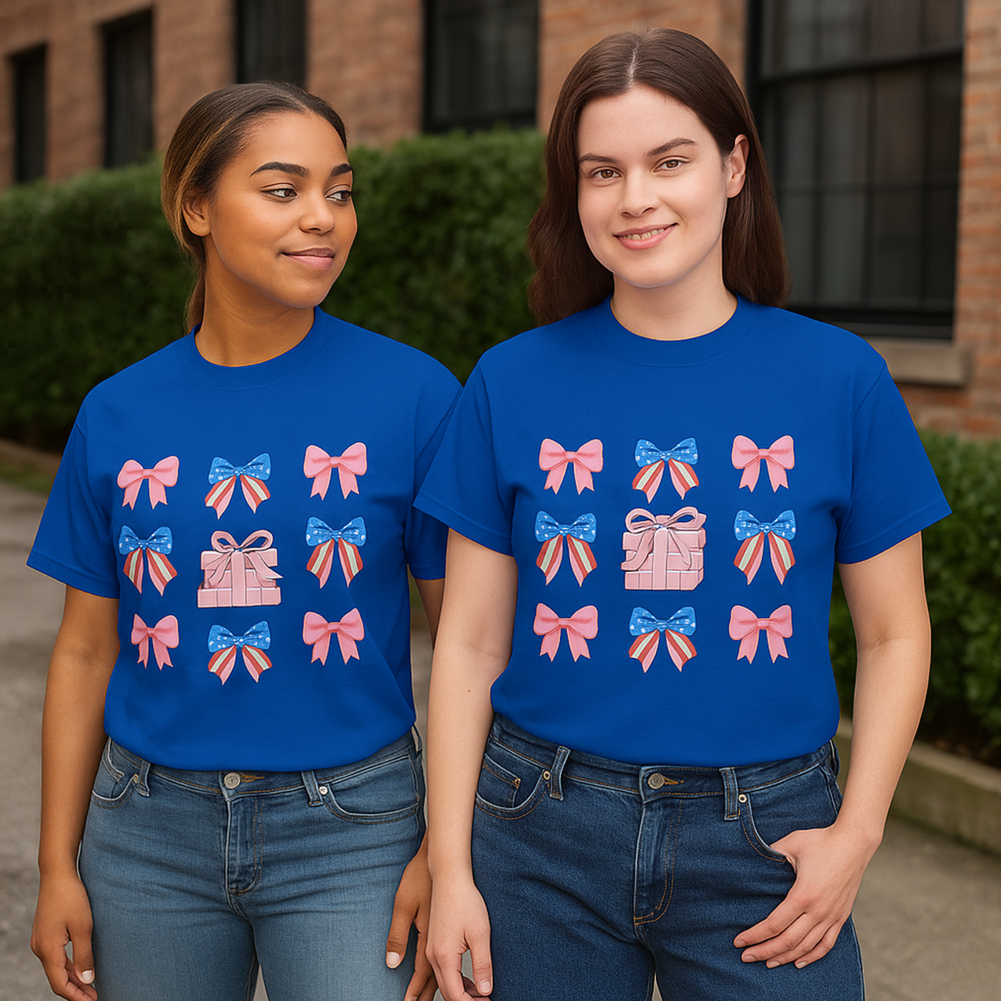 Unisex Gift Bow Present T Shirt Patriotic Red White Blue Tee Pink Blue Ribbon Shirt Birthday Holiday Cotton Tee 