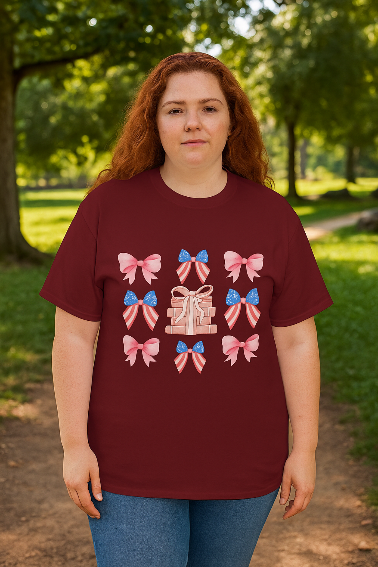 Unisex Gift Bow Present T Shirt Patriotic Red White Blue Tee Pink Blue Ribbon Shirt Birthday Holiday Cotton Tee product thumbnail image Unisex Gift Bow Present T Shirt Patriotic Red White Blue Tee Pink Blue Ribbon Shirt Birthday Holiday Cotton Tee product thumbnail image