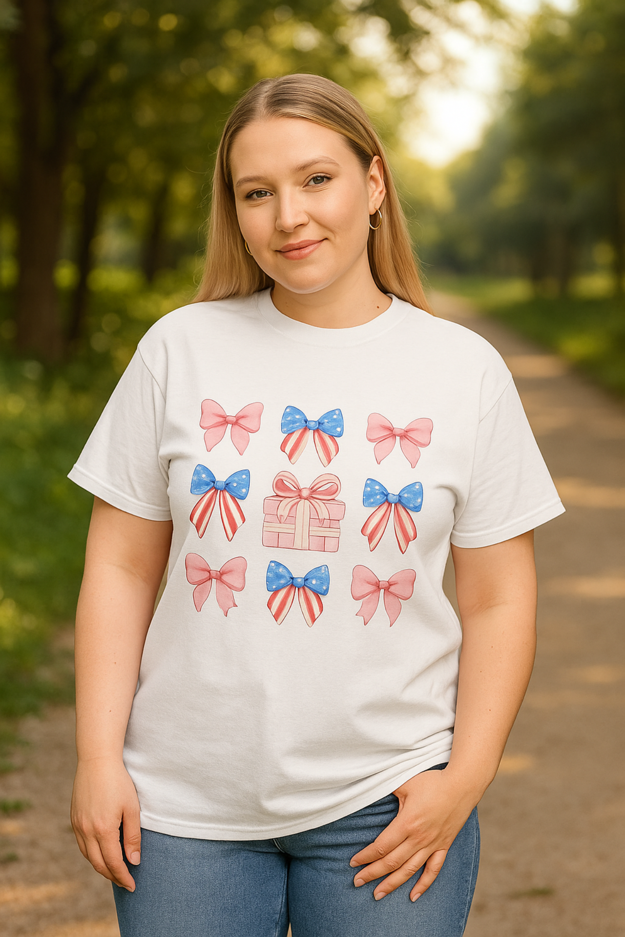 Unisex Gift Bow Present T Shirt Patriotic Red White Blue Tee Pink Blue Ribbon Shirt Birthday Holiday Cotton Tee product thumbnail image Unisex Gift Bow Present T Shirt Patriotic Red White Blue Tee Pink Blue Ribbon Shirt Birthday Holiday Cotton Tee product thumbnail image