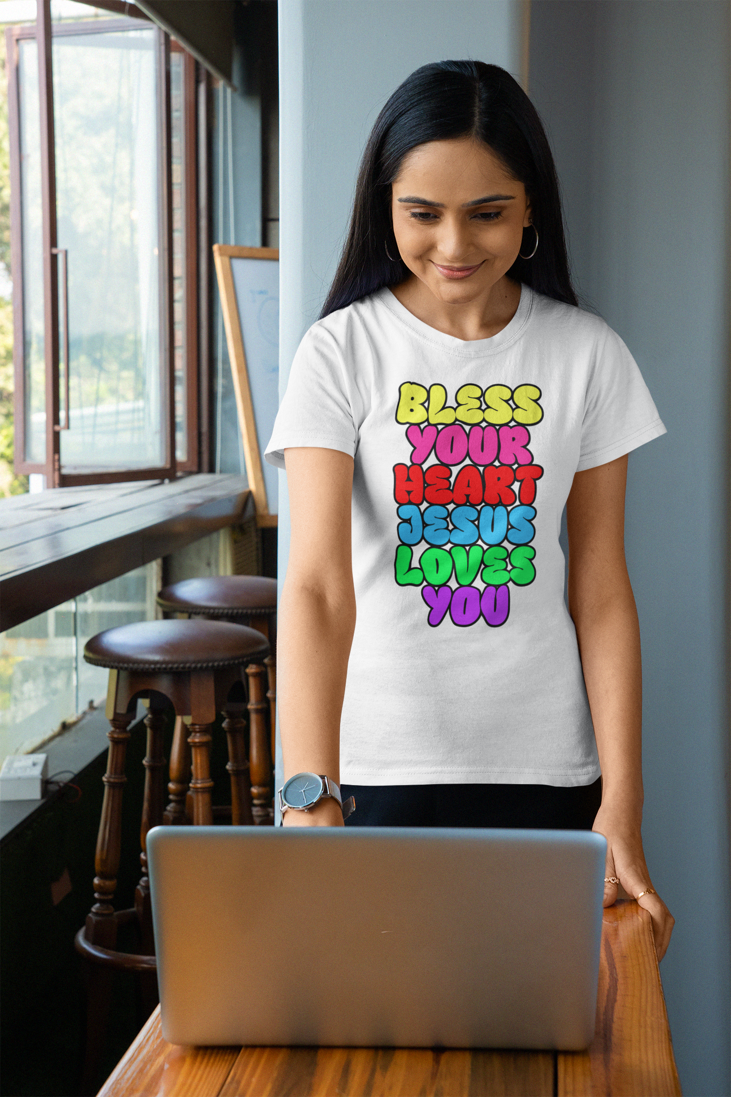 T-Shirt Women's Softstyle Blessed Jesus Loves You Bright Colorful Retro-Inspired Tee product thumbnail image T-Shirt Women's Softstyle Blessed Jesus Loves You Bright Colorful Retro-Inspired Tee product thumbnail image