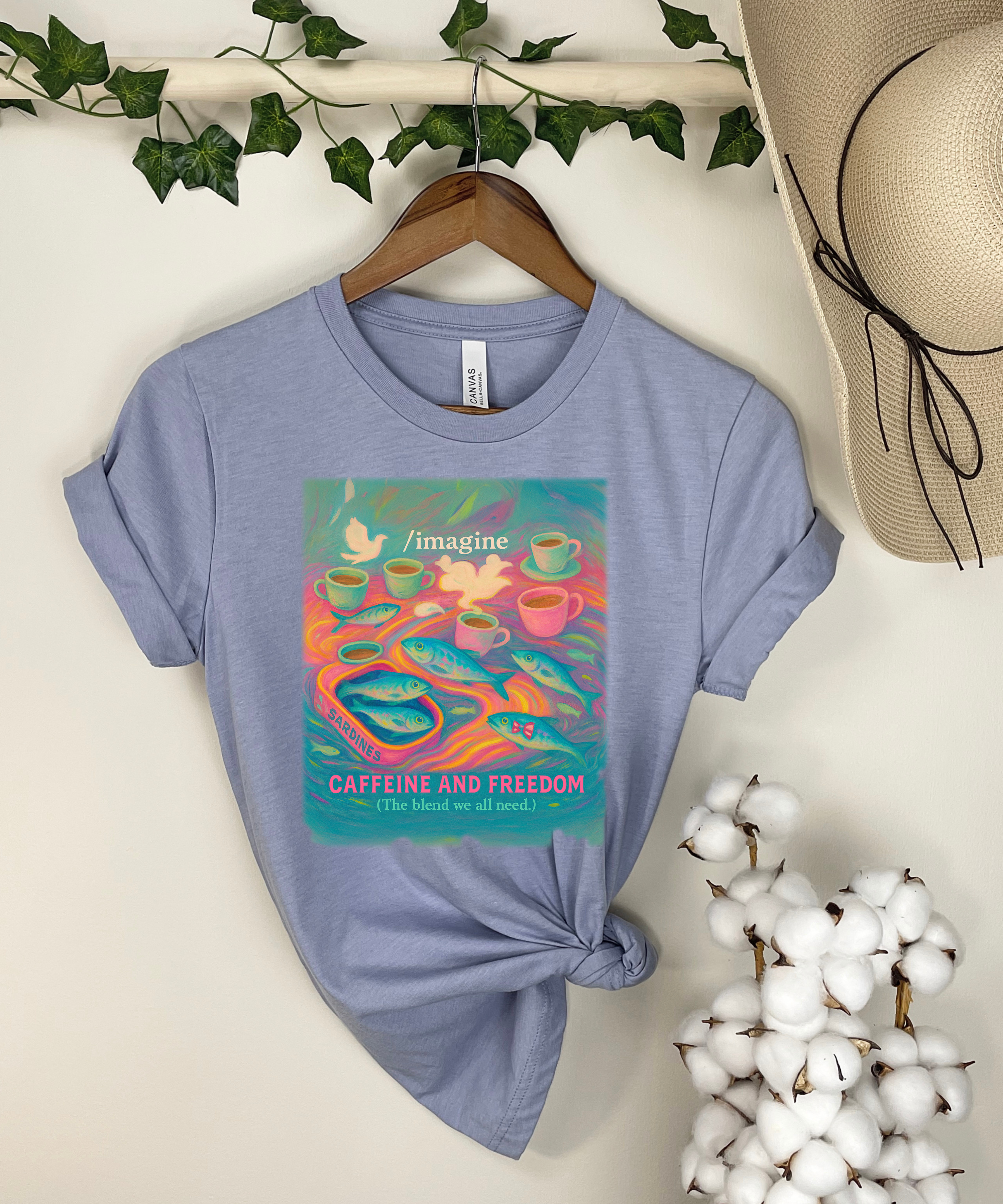 Coffee and Freedom Shirt – Funny Sardine Art Tee, Bookish Gift for Readers, Whimsical Fish Graphic, Caffeine Lover Aesthetic RETRO