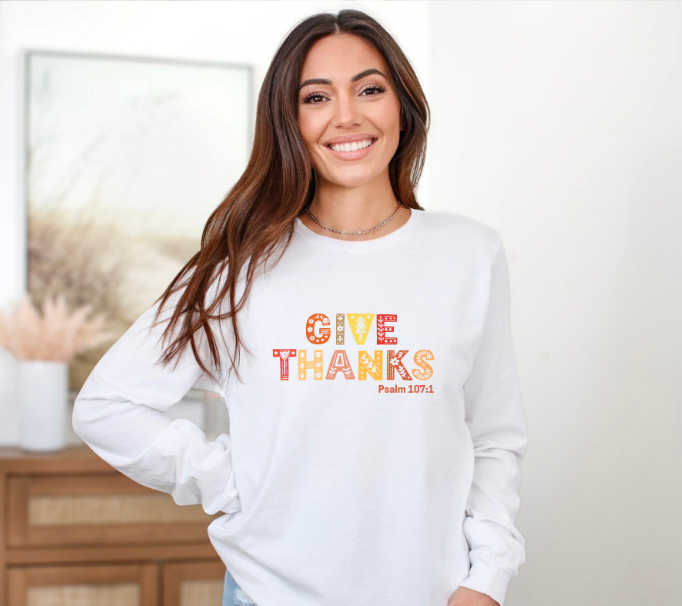 Give Thanks Psalm 107:1 Fall Gildan Ultra Cotton Long Sleeve Tee, Bible Verse Autumn T-Shirt product thumbnail image