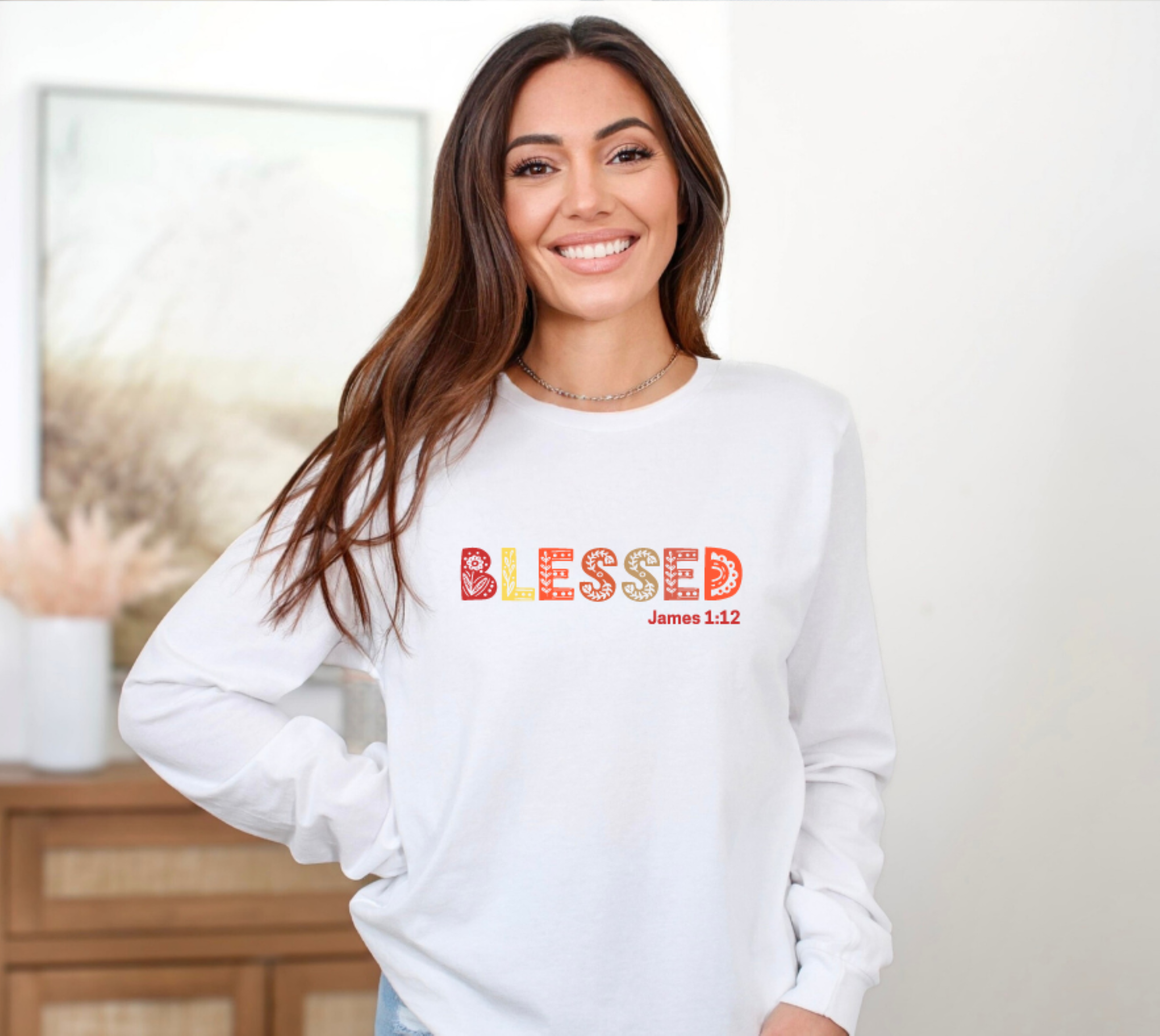 Blessed James 1:12 Fall Gildan Ultra Cotton Long Sleeve Tee, Bible Verse Autumn T-Shirt