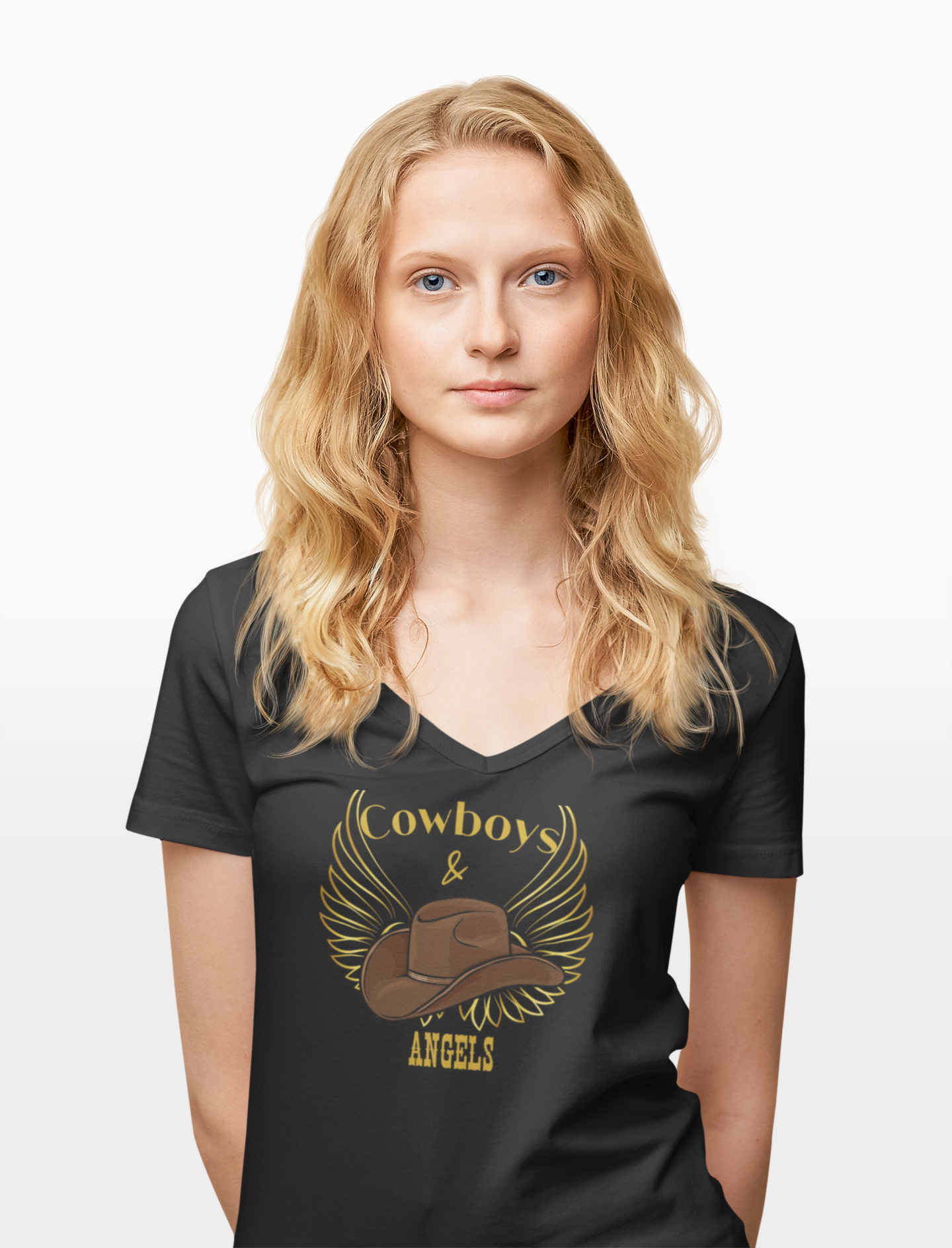 "Cowboys & Angels" V-Neck Tee – Unisex Western Graphic Shirt product thumbnail image "Cowboys & Angels" V-Neck Tee – Unisex Western Graphic Shirt product thumbnail image