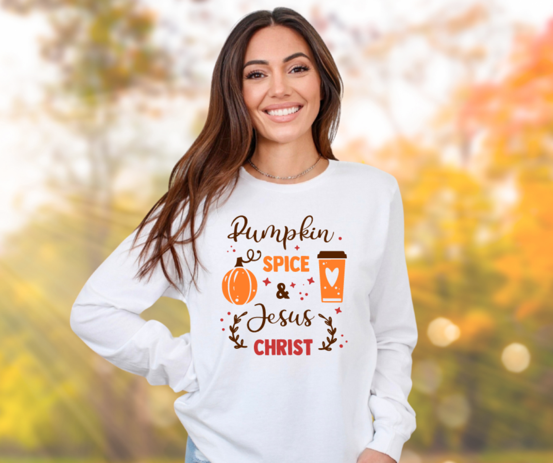 Pumpkin Spice &amp; Jesus Christ Fall Gildan Ultra Cotton Long Sleeve Tee, Autumn T-Shirt