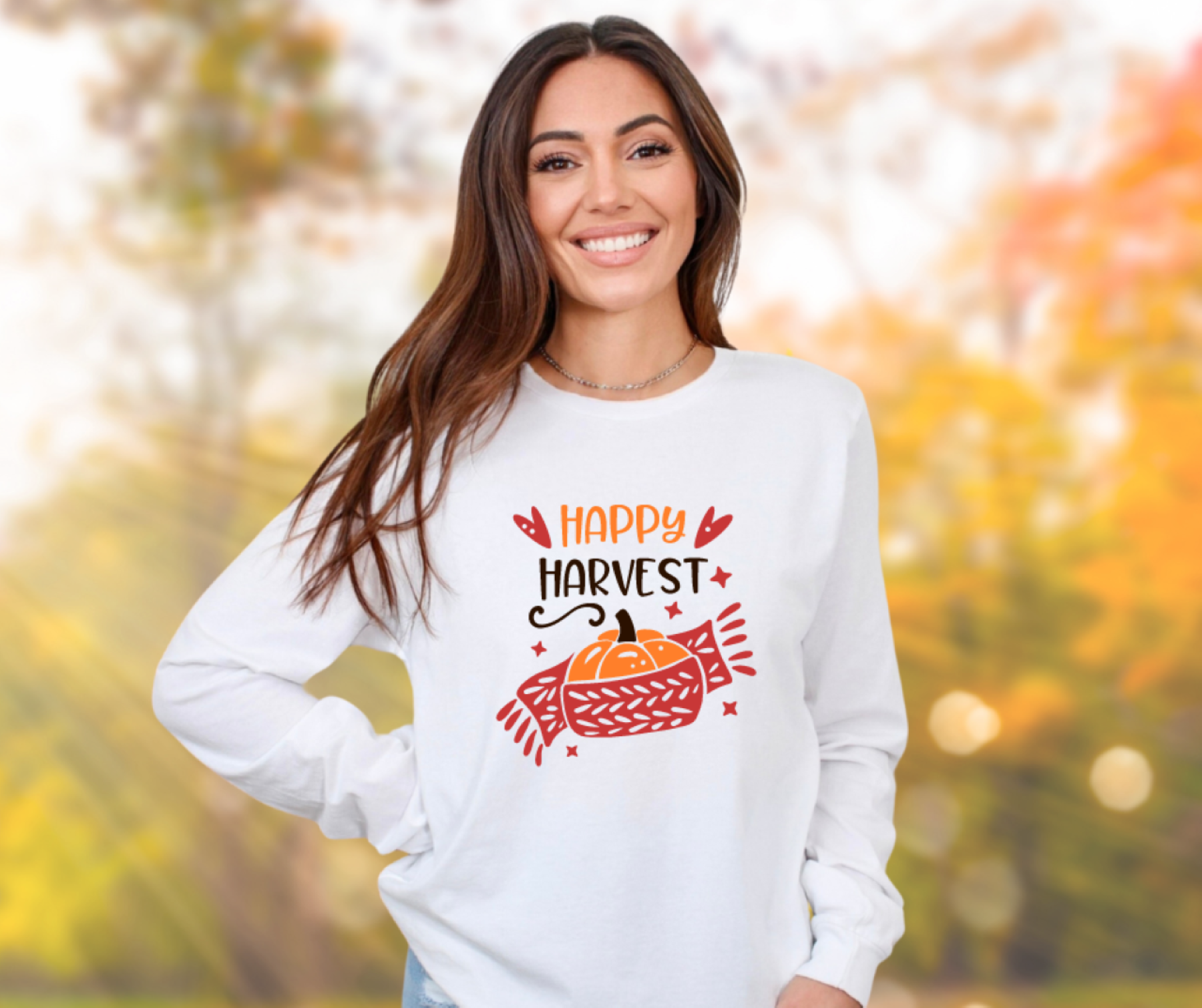 Happy Harvest Autumn Gildan Ultra Cotton Long Sleeve Tee, Fall Pumpkin T-Shirt